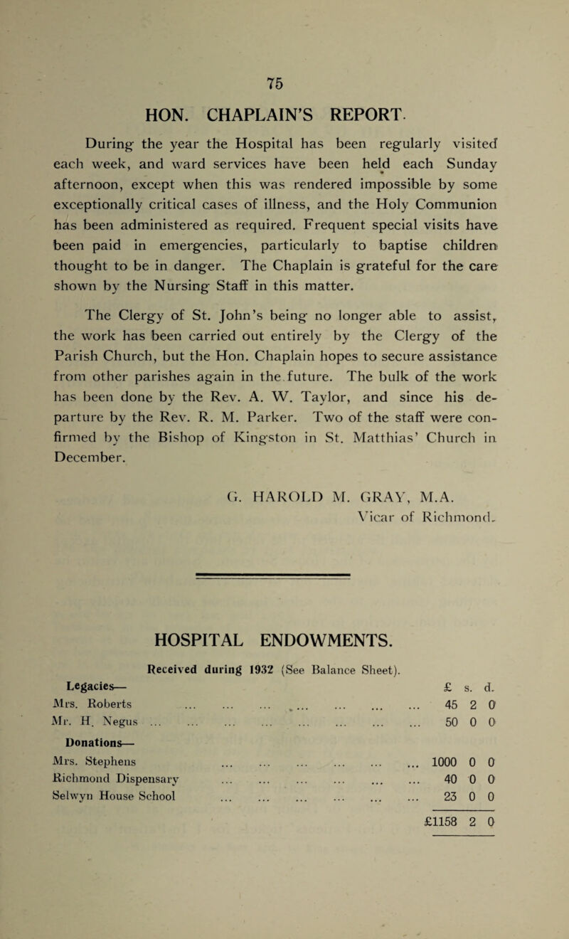 HON. CHAPLAIN’S REPORT- During- the year the Hospital has been regularly visited each week, and ward services have been held each Sunday afternoon, except when this was rendered impossible by some exceptionally critical cases of illness, and the Holy Communion has been administered as required. Frequent special visits have been paid in emergencies, particularly to baptise children thought to be in danger. The Chaplain is grateful for the care shown by the Nursing Staff in this matter. The Clergy of St. John’s being no longer able to assist,, the work has been carried out entirely by the Clergy of the Parish Church, but the Hon. Chaplain hopes to secure assistance from other parishes again in the future. The bulk of the work has been done by the Rev. A. W. Taylor, and since his de¬ parture by the Rev. R. M. Parker. Two of the staff were con¬ firmed by the Bishop of Kingston in St. Matthias’ Church in December. G. HAROLD M. GRAY, M.A. Vicar of Richmond, HOSPITAL ENDOWMENTS. Received during 1932 (See Balance Sheet). Legacies— Mrs. Roberts s % •'* ••• Mr. H. Negus ... Donations— Mrs. Stephens ... ... ... . Richmond Dispensary Selwyn House School ... ... ... . £ s. d. 45 2 0 50 0 0 1000 0 0 40 0 0 23 0 0 £1158 2 0