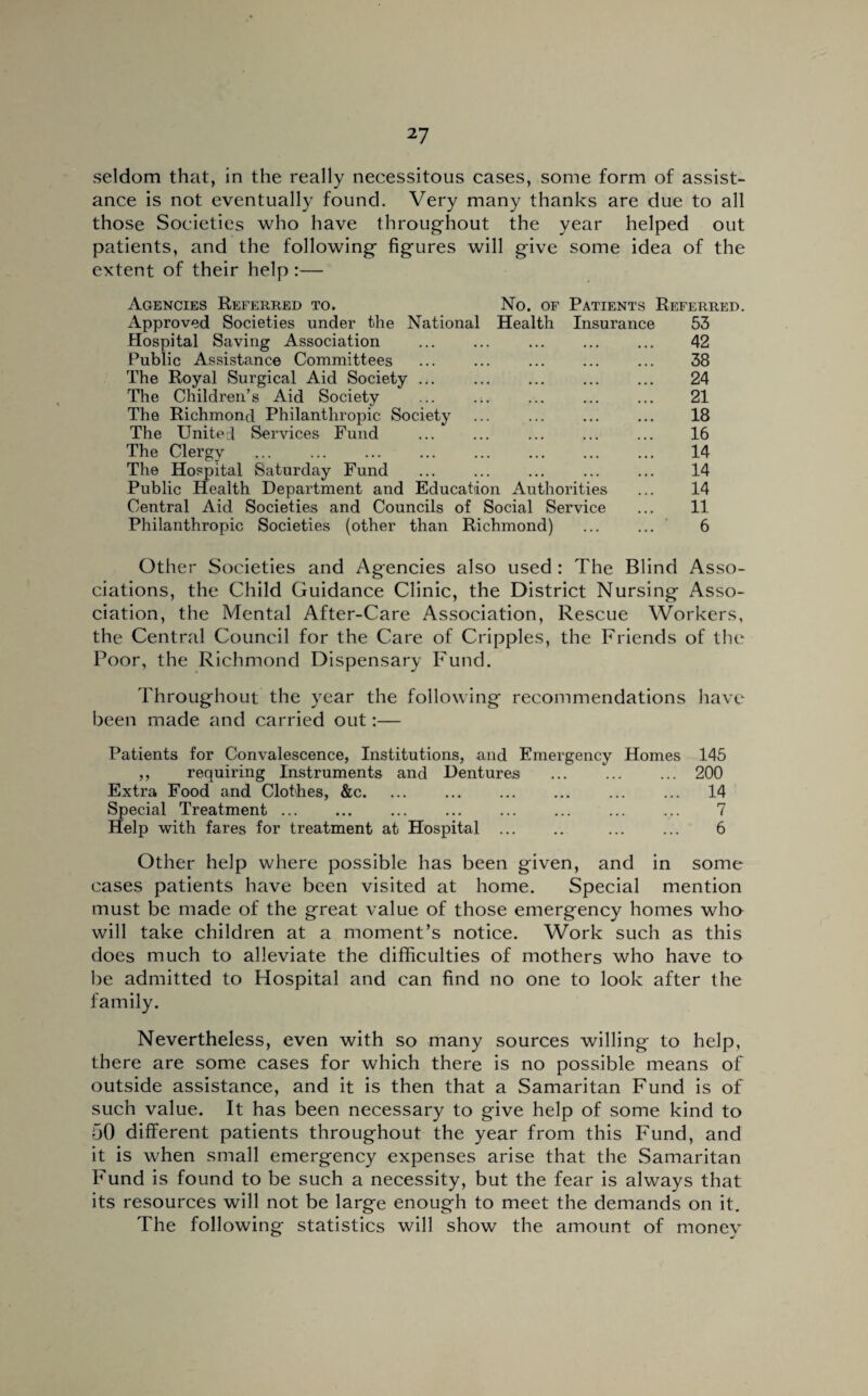 seldom that, in the really necessitous cases, some form of assist¬ ance is not eventually found. Very many thanks are due to all those Societies who have throughout the year helped out patients, and the following figures will give some idea of the extent of their help :— Agencies Referred to. No. of Patients Referred. Approved Societies under the National Health Insurance 53 Hospital Saving Association . . 42 Public Assistance Committees ... ... ... ... ... 38 The Royal Surgical Aid Society ... . 24 The Children’s Aid Society ... ... ... . 21 The Richmond Philanthropic Society ... ... ... ... 18 The United Services Fund ... ... ... ... ... 16 The Clergy ... ... ... ... ... ... ... ... 14 The Hospital Saturday Fund ... ... ... ... ... 14 Public Health Department and Education Authorities ... 14 Central Aid Societies and Councils of Social Service ... 11 Philanthropic Societies (other than Richmond) ... ... 6 Other Societies and Agencies also used : The Blind Asso¬ ciations, the Child Guidance Clinic, the District Nursing Asso¬ ciation, the Mental After-Care Association, Rescue Workers, the Central Council for the Care of Cripples, the Friends of the Poor, the Richmond Dispensary Fund. Throughout the year the following recommendations have been made and carried out:— Patients for Convalescence, Institutions, and Emergency Homes 145 ,, requiring Instruments and Dentures .200 Extra Food and Clothes, &c. . 14 Special Treatment ... ... ... ... ... ... ... ... 7 Help with fares for treatment at Hospital . ... ... 6 Other help where possible has been given, and in some cases patients have been visited at home. Special mention must be made of the great value of those emergency homes who will take children at a moment’s notice. Work such as this does much to alleviate the difficulties of mothers who have to be admitted to Hospital and can find no one to look after the family. Nevertheless, even with so many sources willing to help, there are some cases for which there is no possible means of outside assistance, and it is then that a Samaritan Fund is of such value. It has been necessary to give help of some kind to 50 different patients throughout the year from this Fund, and it is when small emergency expenses arise that the Samaritan Fund is found to be such a necessity, but the fear is always that its resources will not be large enough to meet the demands on it. The following statistics will show the amount of money
