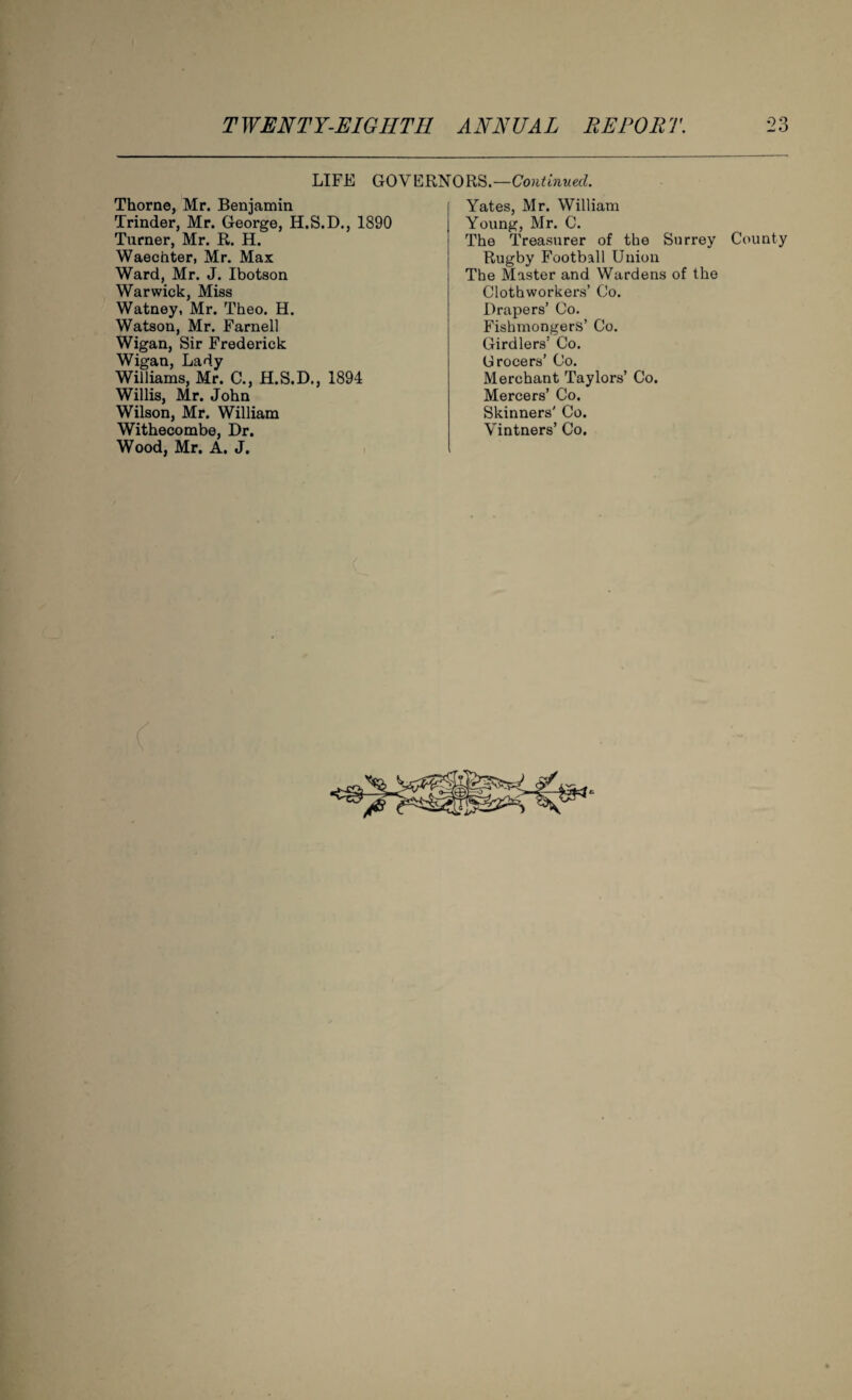 LIFE GOVERNORS.—Continued. Thorne, Mr. Benjamin Trinder, Mr. George, H.S.D., 1890 Turner, Mr. R. H. Waechter, Mr. Max Ward, Mr. J. Ibotson Warwick, Miss Watney, Mr. Theo. H. Watson, Mr. Farnell Wigan, Sir Frederick Wigan, Lady Williams, Mr. C., H.S.D., 1894 Willis, Mr. John Wilson, Mr. William Wood, Mr. A. J. Yates, Mr. William Young, Mr. C. The Treasurer of the Surrey County Rugby Football Union The Master and Wardens of the Clothworkers’ Co. Drapers’ Co. Fishmongers’ Co. Girdlers’ Co. Grocers’ Co. Merchant Taylors’ Co. Mercers’ Co. Skinners' Co.
