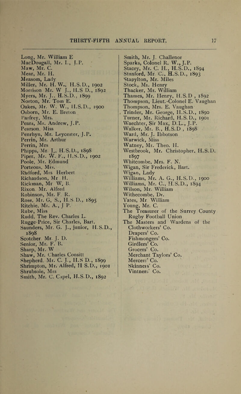 Long, Mr. William E MacDougall, Mr. I., J.P. Maw, Mr. C. Mear, Mr. H. Measom, Lady Miller, Mr. H. W„ H.S.D., 1902 Morrison Mr. W J., II.S D., 1892 Myers, Mr. J.. H.S.D., 1899 Norton, Mr. Tom E. Oakes, Mr. W. VV., H.S.D., 1900 Osborn, Mr. E. Breton Parfrey, Mrs. Pears, Mr. Andrew, J.P. Pearson, Miss Penrhyn, Mr. Leycester, J.P. Perrin, Mr. Arthur Perrin, Mrs Phipps, Mr. J., H.S. L)., 1898 Piper, Mr. W. F., H.S.D., 1902 Poole, Mr. Edmund Porteous, Mrs. R&dford, Mrs Herbert Richardson, Mr H. Rickman, Mr W. B. Rixon Mr. Alfred Robinson, Mr. F. R. Rose, Mr. G. S., IT.S D., 1895 Ritchie, Mr. A., J P. Rube, Miss Rudd, The Rev. Charles L. Rugge-Price, Sir Charles, Bart. Saunders, Mr. G. J., junior, H.S.D. 1898 Scotcher Mr. J. D. Senior, Mr. F. B. Sharp, Mr. W Shaw, Mr. Charles Consitt Shepherd. Mr. C. J., H.S D., 1899 Shrimpton, Mr. Alfred, II S.D., 1901 Shrubsole, Mrs Smith, Mr. C. Capel, H.S.D., 1892 Smith, Mr. J. Challenor Sparks, Colonel R. W., J.P. Stacey, Mr. C. H., H.S.D., 1894 Stanford, Mr. C., H.S.D., 1893 Stapylton, Mr. Miles Stock, Mi. Henry Thacker, Mr. William Thames, Mr. Henry, H.S.D , 1892 Thompson, Lieut.-Colonel E. Vaughan Thompson, Mrs. E. Vaughan Trinder, Mr. George, II.S.D., 1890 Turner, Mr. Richard, H.S.D., 1901 Waechter, Sir Max, D.L., J.P. Walker, Mr. B., H.S.D , 1898 Ward, Mr. J. Ibbotson Warwick, Miss Watney, Mr. Theo. H. Westbrook, Mr. Christopher, H.S.D. 1897 Whitcombe, Mrs. F. N. Wigan, Sir Frederick, Bart. Wigan, Lady Williams, Mr. A. G., H.S.D., 1900 Williams, Mr. C., H.S.D., 1894 Wilson, Mr. William Withecombe, Dr. Yates, Mr William Young, Mr. C. The Treasurer of the Surrey County Rugby Football Union The Masters and Wardens of the Clothworkers’ Co. Drapers’ Co. Fishmongers’ Co. Girdlers’ Co. Grocers’ Co. Merchant Taylors’ Co. Mercers’ Co. Skinneis’ Co. Vintners’ Co.