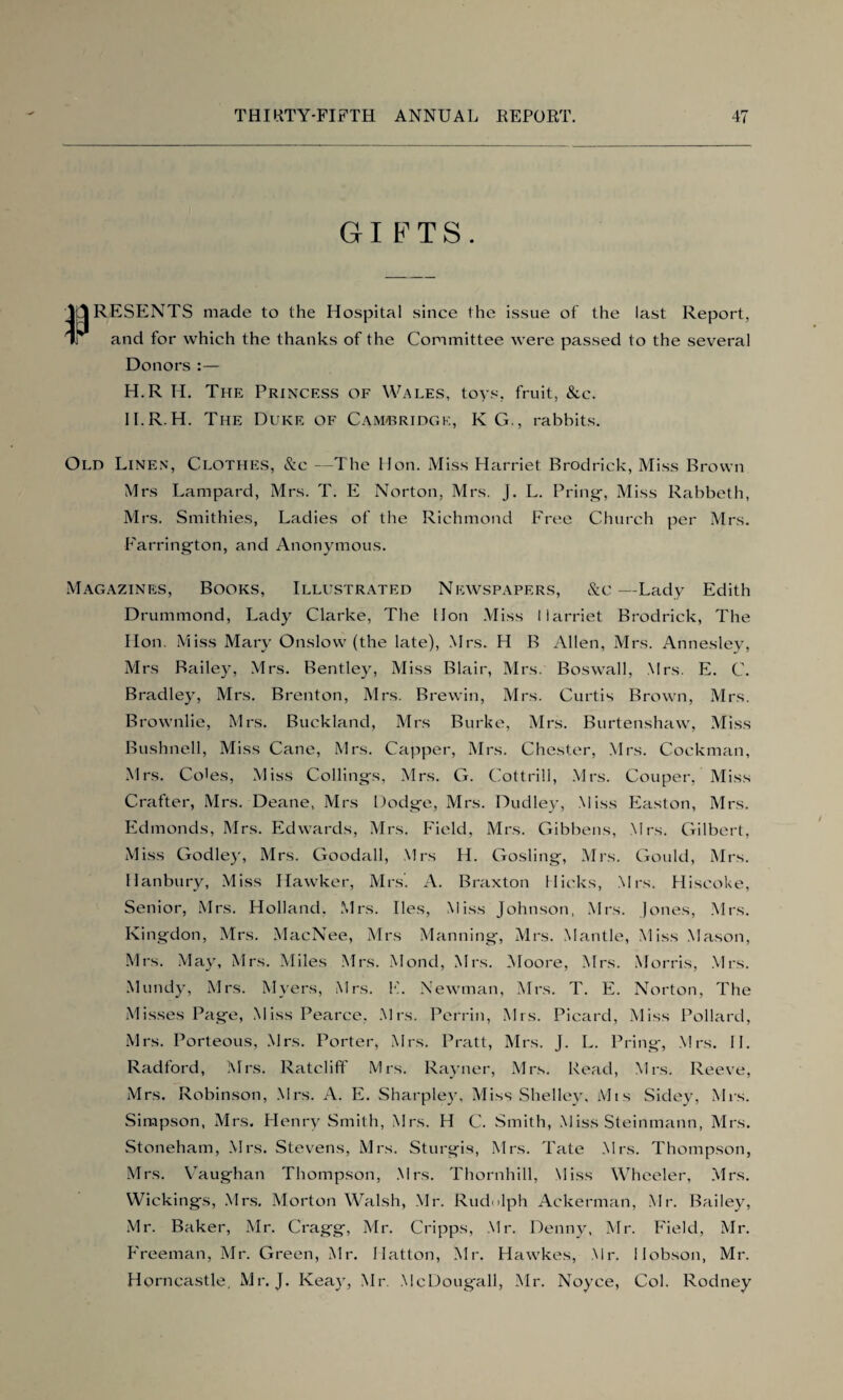 GIFTS. RESENTS made to the Hospital since the issue of the last Report, and for which the thanks of the Committee were passed to the several Donors :— H.R H. The Princess of Wales, toys, fruit, &c. 1I.R.H. The Duke of Cam-bridge, K G., rabbits. Old Linen, Clothes, &c —The Hon. Miss Harriet Brodrick, Miss Brown Mrs Lampard, Mrs. T. E Norton, Mrs. J. L. Pring, Miss Rabbeth, Mrs. Smithies, Ladies of the Richmond Free Church per Mrs. Farrington, and Anonymous. Magazines, Books, Illustrated Newspapers, &c—Lady Edith Drummond, Lady Clarke, The Hon Miss Harriet Brodrick, The Hon. Miss Mary Onslow (the late), Mrs. H B Allen, Mrs. Annesley, Mrs Bailey, Mrs. Bentley, Miss Blair, Mrs. Boswall, Mrs. E. C. Bradley, Mrs. Brenton, Mrs. Brewin, Mrs. Curtis Brown, Mrs. Brownlie, Mrs. Buckland, Mrs Burke, Mrs. Burtenshaw, Miss Bushnell, Miss Cane, Mrs. Capper, Mrs. Chester, Mrs. Cockman, Mrs. Coles, Miss Codings, Mrs. G. Cottrill, Mrs. Couper, Miss Crafter, Mrs. Deane, Mrs Dodge, Mrs. Dudley, Miss Easton, Mrs. Edmonds, Mrs. Edwards, Mrs. Field, Mrs. Gibbens, Mrs. Gilbert, Miss Godley, Mrs. Goodall, Mrs H. Gosling, Mrs. Gould, Mrs. Hanbury, Miss Hawker, Mrs. A. Braxton flicks, Mrs. Hiscoke, Senior, Mrs. Holland. Mrs. lies, Miss Johnson, Mrs. Jones, Mrs. Kingdon, Mrs. MacNee, Mrs Manning, Mrs. Mantle, Miss Mason, Mrs. May, Mrs. Miles Mrs. Mond, Mrs. Moore, Mrs. Morris, Mrs. Mundy, Mrs. Myers, Mrs. F. Newman, Mrs. T. E. Norton, The Misses Page, Miss Pearce. Mrs. Perrin, Mrs. Picard, Miss Pollard, Mrs. Porteous, Mrs. Porter, Mrs. Pratt, Mrs. J. L. Pring, Mrs. II. Radford, Mrs. Ratcliff Mrs. Rayner, Mrs. Read, Mrs. Reeve, Mrs. Robinson, Mrs. A. E. Sharpley, Miss Shelley, Mts Sidey, Mrs. Simpson, Mrs. Henry Smith, Mrs. H C. Smith, Miss Steinmann, Mrs. Stoneham, Mrs. Stevens, Mrs. Sturgis, Mrs. Tate Mrs. Thompson, Mrs. Vaughan Thompson, Mrs. Thornhill, Miss Wheeler, Mrs. Wickings, Mrs. Morton Walsh, Mr. Rudolph Ackerman, Mr. Bailey, Mr. Baker, Mr. Cragg, Mr. Cripps, Mr. Denny, Mr. Field, Mr. Freeman, Mr. Green, Mr. Hatton, Mr. Hawkes, Mr. Ilobson, Mr. Horncastle, Mr. J. Keay, Mr. McDougall, Mr. Noyce, Col. Rodney