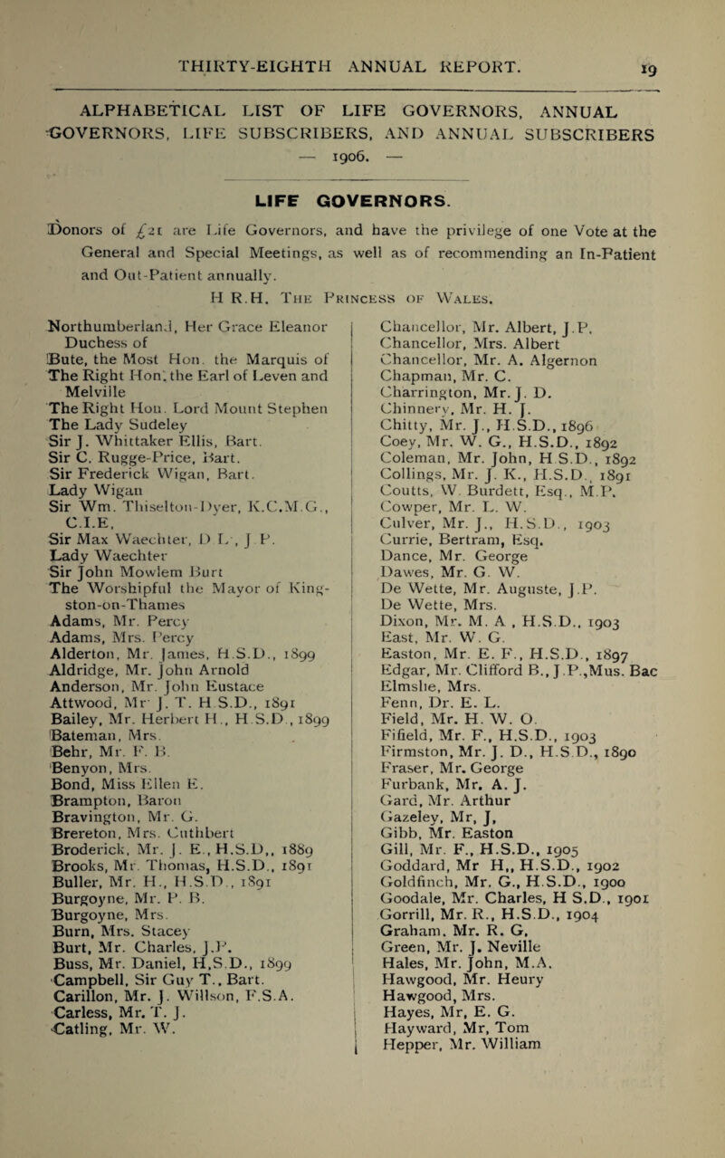 ALPHABETICAL LIST OF LIFE GOVERNORS, ANNUAL GOVERNORS, LIFE SUBSCRIBERS, AND ANNUAL SUBSCRIBERS — 1906. — LIFE GOVERNORS. Donors of £21 are Life Governors, and have the privilege of one Vote at the General and Special Meetings, as well as of recommending an In-Patient and Out-Patient annually. ■j H R.H. The Princess of Wales. Northumberland, Her Grace Eleanor Duchess of OBute, the Most Hon. the Marquis of The Right Hon. the Earl of Leven and Melville The Right Hon. Lord Mount Stephen The Lady Sudeley Sir J. Whittaker Ellis, Bart. Sir C. Rugge-Price, Bart. Sir Frederick Wigan, Bart. Lady Wigan Sir Wm. Thiselton-Dyer, K.C.M.G., C.I.E, Sir Max Waechter, D L , J P. Lady Waechter Sir John Mowlem Burt The Worshipful the Mayor of King¬ ston-on-Thames Adams, Mr. Percy Adams, Mrs. Percy Alderton, Mr. james, Fi.S.D., 1899 Aldridge, Mr. john Arnold Anderson, Mr. John Eustace Attwood, Mr J. T. H S.D., 1891 Bailey, Mr. Herbert H., H.S.D., 1899 Bateman, Mrs. Behr, Mr. F. B. Benyon, Mrs. Bond, Miss Ellen E. Brampton, Baron Bravington, Mr. G. Brereton, Mrs. Cuthbert Broderick, Mr. J. E..H.S.D,, 1889 Brooks, Mr. Thomas, H.S.D., 1891 Buller, Mr. H., H.S D , 1S91 Burgoyne, Mr. P. B. Burgoyne, Mrs. Burn, Mrs. Stacey Burt, Mr. Charles, J.P. Buss, Mr. Daniel, H.S.D., 1899 Campbell, Sir Guy T.. Bart. Carillon, Mr. j. Willson, F.S.A. Carless, Mr. T. J. Catling, Mr. W. Chancellor, Mr. Albert, J.P. Chancellor, Mrs. Albert Chancellor, Mr. A. Algernon Chapman, Mr. C. Charrington, Mr.J. D. Chinnery. Mr. H. [. Chitty, Mr. J., H.S.D., 1896 Coey, Mr. W. G., H.S.D., 1892 Coleman, Mr. John, H S.D., 1892 Codings, Mr. J. K., PI.S.D., 1891 Coutts, W. Burdett, Esq., M.P. Cowper, Mr. L. W. Culver, Mr. J., H.S.D., 1903 Currie, Bertram, Esq. Dance, Mr. George Dawes, Mr. G. W. De Wette, Mr. Auguste, J.P. De Wette, Mrs. Dixon, Mr. M. A , H.S.D.. 1903 East, Mr. W. G. Easton, Mr. E. F., H.S.D., 1897 Edgar, Mr. Clifford B., J.P.,Mus. Bac Elmslie, Mrs. Fenn, Dr. E. L. Field, Mr. H. W. O. Fifield, Mr. F„ H.S.D., 1903 Firmston, Mr. J. D., H.S D., 1890 Fraser, Mr. George Furbank, Mr. A. J. Gard, Mr. Arthur Gazeley, Mr, J, Gibb, Mr. Easton Gill, Mr. F., H.S.D., 1905 Goddard, Mr H,, H.S.D., 1902 Goldfinch, Mr. G., H.S.D., igoo Goodale, Mr. Charles, H S.D., 1901 Gorrill, Mr. R., H.S.D., 1904 Graham. Mr. R. G, Green, Mr. J. Neville Hales, Mr. john, M.A. Hawgood, Mr. Heury Hawgood, Mrs. Hayes, Mr, E. G. Hayward, Mr, Tom j Plepper, Mr. William