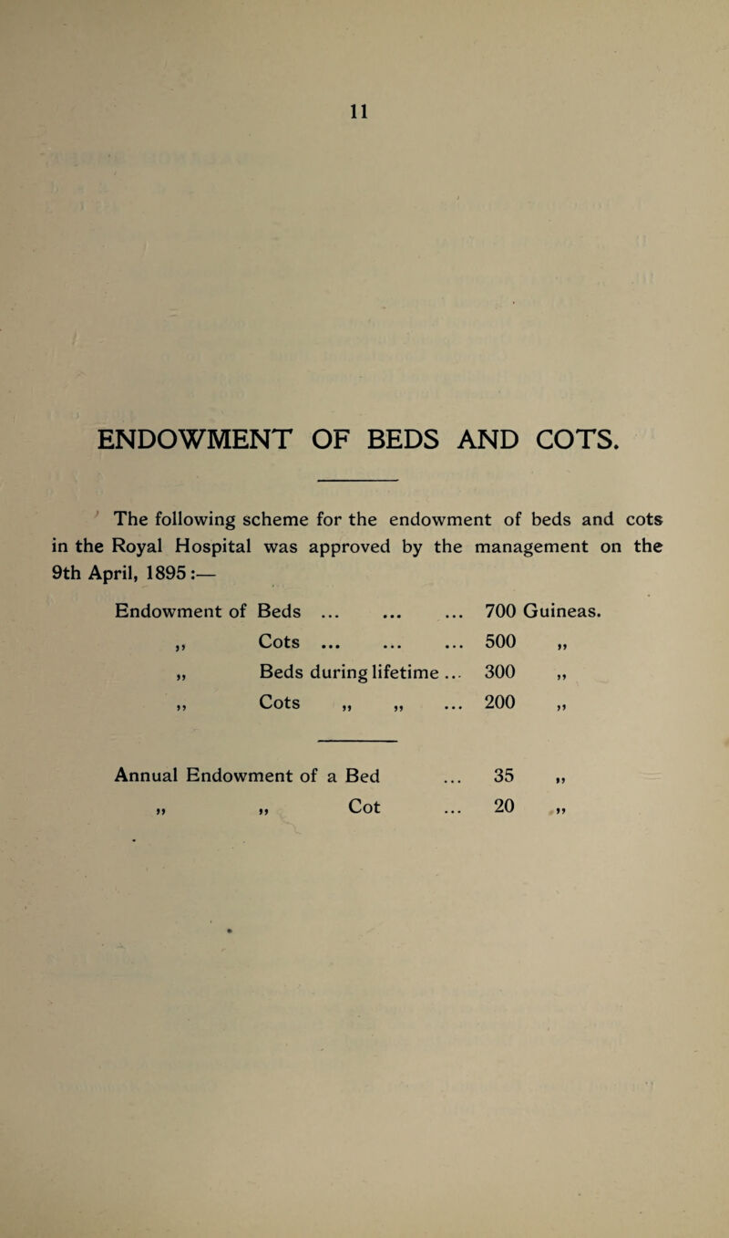 ENDOWMENT OF BEDS AND COTS. The following scheme for the endowment of beds and cots in the Royal Hospital was approved by the management on the 9th April, 1895 :— Endowment of Beds ... 700 Guineas. j 5 Cots ••• ••• ••• 500 99 „ Beds during lifetime ... 300 99 ,, Cots ,, ,, ... 200 >* Annual Endowment of a Bed 35 99 ,, ,, Cot ... 20 99