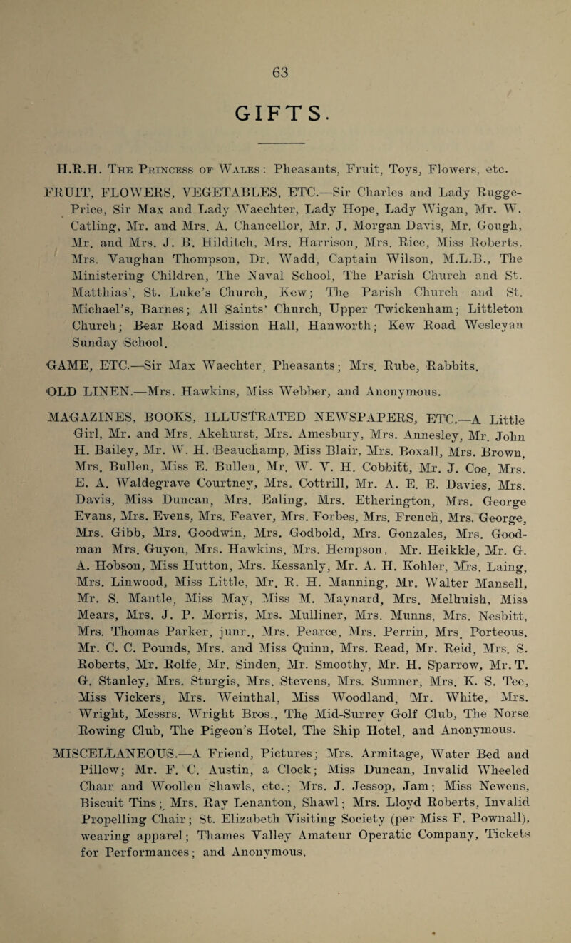 GIFTS. II.R.H. The Princess of Wales: Pheasants, Fruit, Toys, Flowers, etc. FRUIT, FLOWERS, VEGETABLES, ETC.—Sir Charles and Lady Rugge- Price, Sir Max and Lady Waechter, Lady Hope, Lady Wigan, Mr. W. Catling, Mr. and Mrs. A. Chancellor, Mr. J. Morgan Davis, Mr. Gough, Mr. and Mrs. J. B. Hilditch, Mrs. Harrison, Mrs. Rice, Miss Roberts, Mrs. Vaughan Thompson, Dr. Wadd, Captain Wilson, M.L.B., The Ministering Children, The Naval School, The Parish Church and St. Matthias’, St. Luke’s Church, Kew; The Parish Church and St. Michael’s, Barnes; All Saints’ Church, Upper Twickenham; Littleton Church; Bear Road Mission Hall, Hanworth; Kew Road Wesleyan Sunday School. GAME, ETC.—Sir Max Waechter. Pheasants; Mrs. Rube, Rabbits. OLD LINEN.—Mrs. Hawkins, Miss Webber, and Anonymous. MAGAZINES, BOOKS, ILLUSTRATED NEWSPAPERS, ETC.—A Little Girl, Mr. and Mrs. Akehurst, Mrs. Amesbury, Mrs. Annesley, Mr. John H. Bailey, Mr. WT. H. Beauchamp, Miss Blair, Mrs. Boxall, Mrs. Brown, Mrs. Bullen, Miss E. Bullen, Mr. W. V. II. Cobbitt, Mr. J. Coe, Airs. E. A. Waldegrave Courtney, Mrs. Cottrill, Mr. A. E. E. Davies, Mrs. Davis, Miss Duncan, Mrs. Ealing, Mrs. Etherington, Mrs. George Evans, Mrs. Evens, Mrs. Feaver, Mrs. Forbes, Mrs. French, Mrs. George, Mrs. Gibb, Mrs. Goodwin, Mrs. Godbold, Mrs. Gonzales, Mrs. Good¬ man Mrs. Guvon, Mrs. Hawkins, Mrs. Ilempson, Mr. Heikkle, Air. G. A. Hobson, Miss Hutton, Airs. Kessanly, Mr. A. II. Kohler, Airs. Laing, Mrs. Linwood, Miss Little, Mr. R. H. Manning, Mr. VTalter Mansell, Mr. S. Mantle, Aliss May, Miss M. Maynard, Mrs. Melkuish, Miss Mears, Mrs. J. P. Morris, Mrs. Mulliner, Airs. Munns, Airs. Nesbitt, Mrs. Thomas Parker, junr., Mrs. Pearce, Mrs. Perrin, Mrs, Porteous, Mr. C. C. Pounds, Mrs. and Miss Quinn, Mrs. Read, Mr. Reid, Mrs. S. Roberts, Mr. Rolfe. Mr. Sinden, Air. Smoothy, Air. II. Sparrow, Alr.T. G. Stanley, Mrs. Sturgis, Airs. Stevens, Mrs. Sumner, Mrs. K. S. Tee, Miss Vickers, Mrs. Weinthal, Miss Woodland, Mr. White, Mrs. Wright, Messrs. Wright Bros., The Mid-Surrey Golf Club, The Norse Rowing Club, The Pigeon’s Hotel, The Ship Hotel, and Anonymous. MISCELLANEOUS.—A Friend, Pictures; Mrs. Armitage, Water Bed and Pillow; Mr. F. C. Austin, a Clock; Miss Duncan, Invalid Wheeled Chair and Woollen Shawls, etc.; Mrs. J. Jessop, Jam; Miss Newens, Biscuit Tins; Mrs. Ray Lenanton, Shawl; Mrs. Lloyd Roberts, Invalid Propelling Chair; St. Elizabeth Visiting Society (per Miss F. Pownall), wearing apparel; Thames Valley Amateur Operatic Company, Tickets for Performances; and Anonymous.