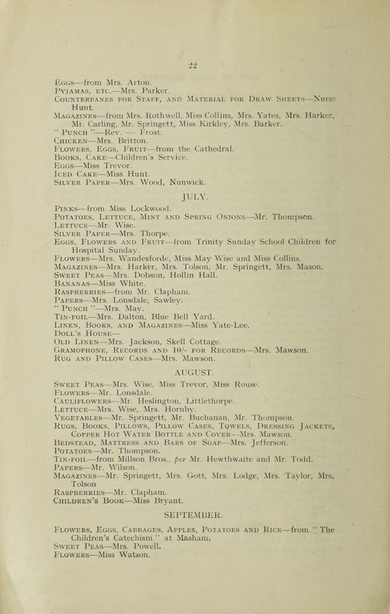 Pyjamas, etc.—Mrs. Parker. Counterpanes for Staff, and Material for Draw Sheets—Nurse Hunt. Magazines—from Mrs. Roth well, Miss Collins, Mrs. Yates, Mrs. Harker, Mr. Carling, Mr. Springett, Miss Kirkley, Mrs. Barker. “ Punch ”—Rev. — Frost. Chicken—Mrs. Britton. Flowers, Eggs, Fruit—from the Cathedral. Books, Cake—Children’s Service. Eggs—Miss Trevor. Iced Cake—Miss Hunt. Silver Paper—Mrs. Wood, Nunwick. JULY. Pinks—from Miss Lockwood. Potatoes, Lettuce, Mint and Spring Onions—Mr. Thompson. Lettuce—Mr. Wise. Silver Paper—Mrs. Thorpe. Eggs, Flowers and Fruit—from Trinity Sunday School Children for Hospital Sunday. Flowers—Mrs. Wandesforde, Miss May Wise and Miss Collins. Magazines—Mrs. Harkfer, Mrs. Tolson, Mr. Springett, Mrs. Mason. Sweet Peas—Mrs. Dobson, Hollin Hall. Bananas—Miss White. Raspberries—from Mr. Clapham. Papers—Mrs. Lonsdale, Sawley. “ Punch ’’—Mrs. May. Tin-foil—Mrs. Dalton, Blue Bell Yard. Linen, Books, and Magazines—Miss Yate-Lee. Doll’s House— Old Linen—Mrs. Jackson, Skell Cottage. Gramophone, Records and 10/- for Records—Mrs. Mawson. Rug and Pillow Cases—Mrs. Mawson. AUGUST. Sweet Peas—Mrs. Wise, Miss Trevor, Miss Rouse. Flowers—Mr. Lonsdale. Cauliflowers—Mr. Heslington, Littlethorpe. Lettuce—Mrs. Wise, Mrs. Hornby. Vegetables—Mr. Springett, Mr. Buchanan, Mr. Thompson. Rugs, Books, Pillows, Pillow Cases, Tqwels, Dressing Jackets, Copper Hot Water Bottle and Cover—Mrs. Mawson. Bedstead, Mattress and Bars of Soap—Mrs. Jefferson. Potatoes—Mr. Thompson. Tin-foil—from Millson Bros., per Mr. HewtlrWaite and Mr. Todd. Papers—-Mr. Wilson. Magazines—Mr. Springett, Mrs. Gott, Mrs. Lodge, Mrs. Taylor, Mrs. Tolson Raspberries—Mr. Clapham. Children’s Book—Miss Bryant. SEPTEMBER. Flowers, Eggs, Cabbages, Apples, Potatoes and Rice—from “ The Children’s Catechism ” at Masham. Sweet Peas—Mrs. Powell. Flowers—Miss Watson.