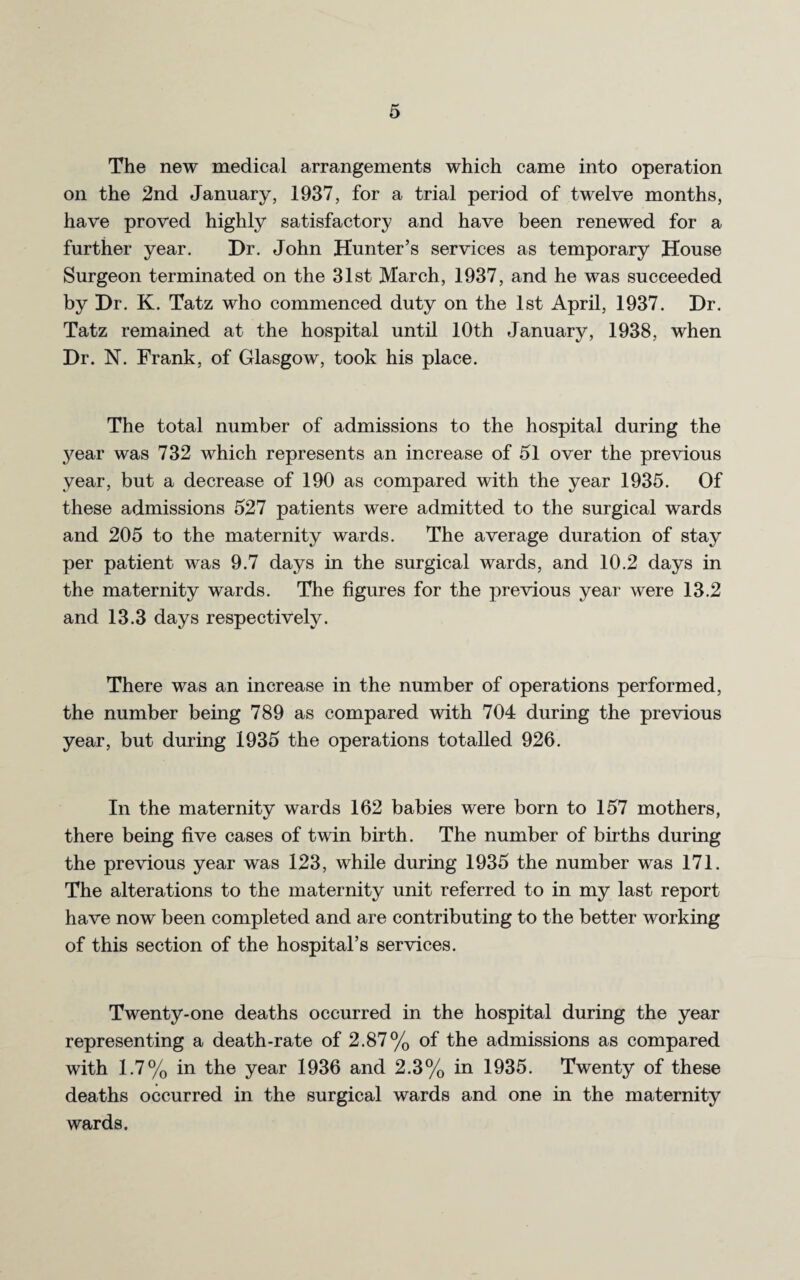 The new medical arrangements which came into operation on the 2nd January, 1937, for a trial period of twelve months, have proved highly satisfactory and have been renewed for a further year. Dr. John Hunter’s services as temporary House Surgeon terminated on the 31st March, 1937, and he was succeeded by Dr. K. Tatz who commenced duty on the 1st April, 1937. Dr. Tatz remained at the hospital until 10th January, 1938, when Dr. N. Frank, of Glasgow, took his place. The total number of admissions to the hospital during the 3^ear was 732 which represents an increase of 51 over the previous year, but a decrease of 190 as compared with the year 1935. Of these admissions 527 patients were admitted to the surgical wards and 205 to the maternity wards. The average duration of stay per patient was 9.7 days in the surgical wards, and 10.2 days in the maternity wards. The figures for the previous year were 13.2 and 13.3 days respectively. There was an increase in the number of operations performed, the number being 789 as compared with 704 during the previous year, but during 1935 the operations totalled 926. In the maternity wards 162 babies were born to 157 mothers, there being five cases of twin birth. The number of births during the previous year was 123, while during 1935 the number was 171. The alterations to the maternity unit referred to in my last report have now been completed and are contributing to the better working of this section of the hospital’s services. Twenty-one deaths occurred in the hospital during the year representing a death-rate of 2.87% of the admissions as compared with 1.7% in the year 1936 and 2.3% in 1935. Twenty of these deaths occurred in the surgical wards and one in the maternity wards.