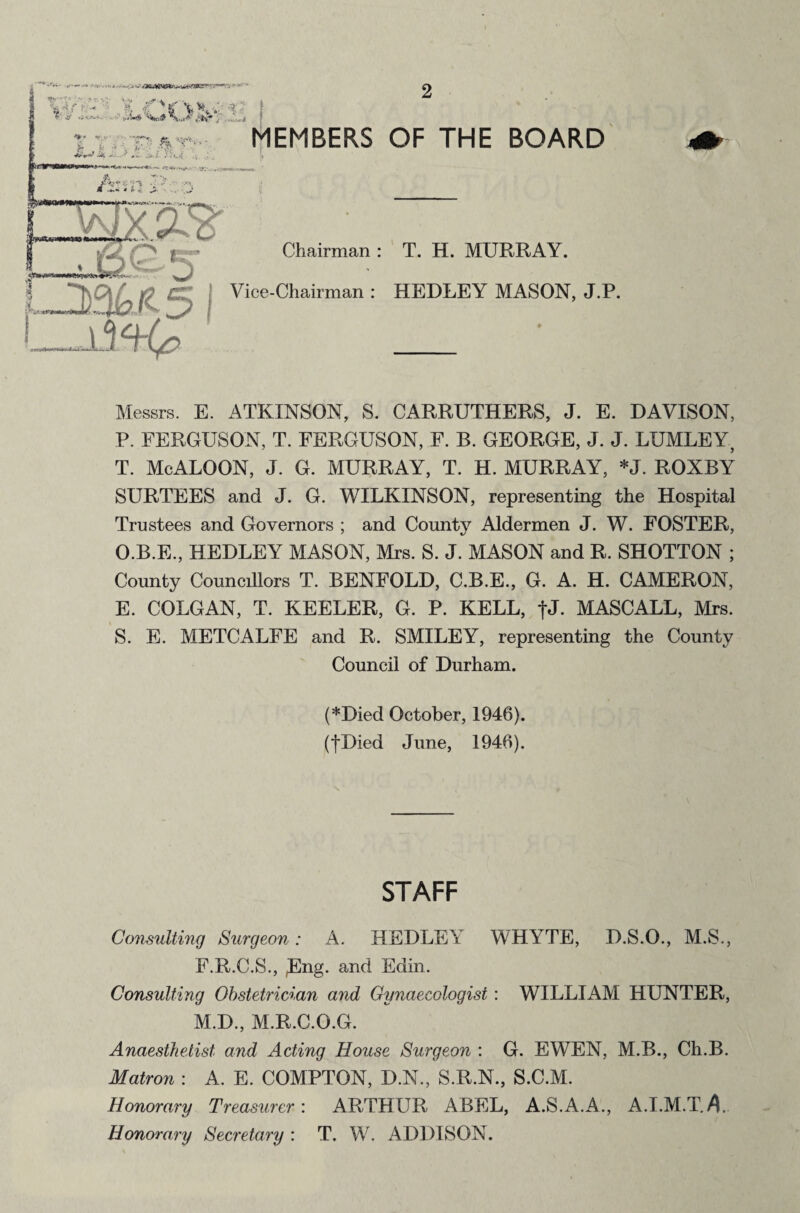 MEMBERS OF THE BOARD Chairman : T. H. MURRAY. Vice-Chairman : HEDLEY MASON, J.P. Messrs. E. ATKINSON, S. CARRUTHERS, J. E. DAVISON, P. FERGUSON, T. FERGUSON, F. B. GEORGE, J. J. LUMLEY, T. McALOON, J. G. MURRAY, T. H. MURRAY, *J. ROXBY SURTEES and J. G. WILKINSON, representing the Hospital Trustees and Governors ; and County Aldermen J. W. FOSTER, O.B.E., HEDLEY MASON, Mrs. S. J. MASON and R. SHOTTON ; County Councillors T. BENFOLD, C.B.E., G. A. H. CAMERON, E. COLGAN, T. KEELER, G. P. KELL, MASCALL, Mrs. S. E. METCALFE and R. SMILEY, representing the County Council of Durham. (*Died October, 1946). (|Died June, 1946). STAFF Consulting Surgeon: A. HEDLEY WHYTE, D.S.O., M.S., F.R.C.S., (Eng. and Edin. Consulting Obstetrician and Gynaecologist : WILLIAM HUNTER, M.D., M.R.C.O.G. Anaesthetist and Acting House Surgeon : G. EWEN, M.B., Ch.B. Matron : A. E. COMPTON, D.N., S.R.N., S.C.M. Honorary Treasurer: ARTHUR ABEL, A.S.A.A., A.I.M.TA Honorary Secretary : T. W. ADDISON.