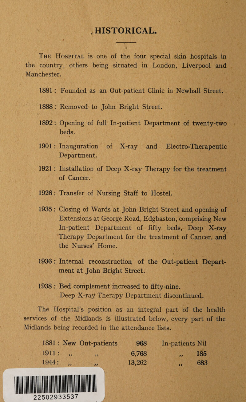 HISTORICAL The Hospital is one of the four special skin hospitals in the country, others being situated in London, Liverpool and Manchester. 1881 : Founded as an Out-patient Clinic in Newhall Street. 1888: Removed to John Bright Street. 1892: Opening of full In-patient Department of twenty-two beds. % 1901 : Inauguration of X-ray and Electro-Therapeutic Department. 1921 : Installation of Deep X-ray Therapy for the treatment of Cancer. 1926: Transfer of Nursing Staff to Hostel. 1935 : Closing of Wards at John Bright Street and opening of Extensions at George Road, Edgbaston, comprising New In-patient Department of fifty beds, Deep X-ray Therapy Department for the treatment of Cancer, and the Nurses’ Home. 1936: Internal reconstruction of the Out-patient Depart¬ ment at John Bright Street. 1938 : Bed complement increased to fifty-nine. Deep X-ray Therapy Department discontinued. The Hospital’s position as an integral part of the health services of the Midlands is illustrated below, every part of the Midlands being recorded in the attendance lists. 1881 : New Out-patients 968 In-patients Nil 1911: „ „ 6,768 „ 185 1944: „ „ 13,262 „ 683