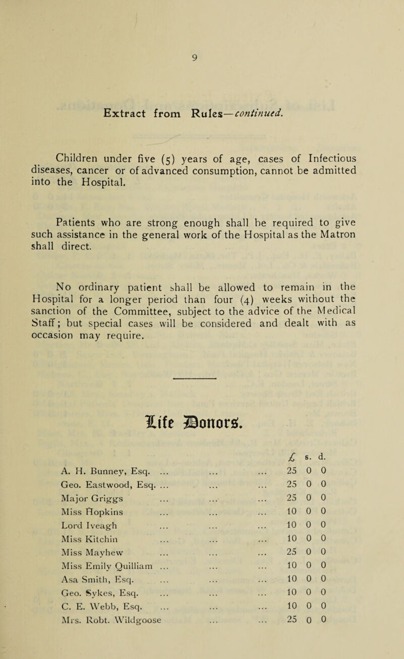 Extract from Rules—continued. Children under five (5) years of age, cases of Infectious diseases, cancer or of advanced consumption, cannot be admitted into the Hospital. Patients who are strong enough shall be required to give such assistance in the general work of the Hospital as the Matron shall direct. No ordinary patient shall be allowed to remain in the Hospital for a longer period than four (4) weeks without the sanction of the Committee, subject to the advice of the Medical Staff; but special cases will be considered and dealt with as occasion may require. Htfe Bonors. A. H. Bunney, Esq. Geo. Eastwood, Esq. Major Griggs Miss Hopkins Lord Iveagh Miss Kitchin Miss Mayhew Miss Emily Quilliam Asa Smith, Esq. Geo. Sykes, Esq. C. E. Webb, Esq. Mrs. Robt. Wildgoose £ s. d. 25 0 0 25 0 0 25 0 0 10 0 0 10 0 0 10 0 0 25 0 0 10 0 0 10 0 0 10 0 0 10 0 0 25 0 0