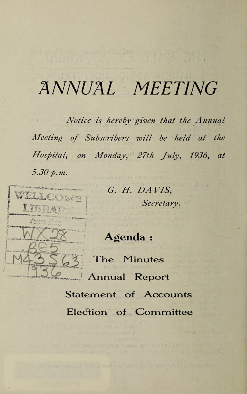 ANNUAL MEETING Notice is hereby given that the Annual Meeting of Subscribers will be held at the Hospital, on Monday, 27th July, 1936, at 5.30 p.m. JUlA AMT-'' G. H. DAVIS, Secretary. nrsr '.n-. : Agenda : S 4? % * The Minutes ? Annual Report +*%**-* Statement of Accounts Election of Committee