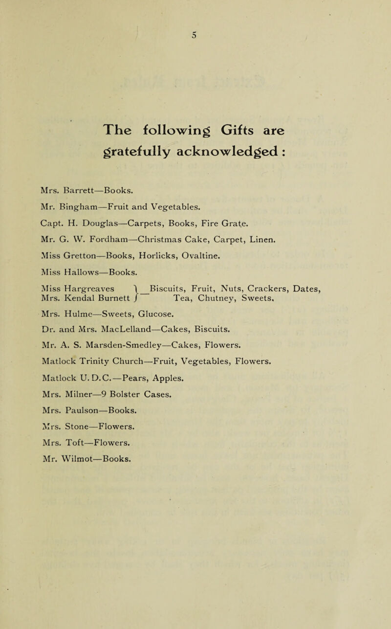 The following Gifts are gratefully acknowledged: Mrs. Barrett—Books. Mr. Bingham—Fruit and Vegetables. Capt. H. Douglas—Carpets, Books, Fire Grate. Mr. G. W. Fordham—Christmas Cake, Carpet, Linen. Miss Gretton—Books, Horlicks, Ovaltine. Miss Hallows—Books. M iss Hargreaves \_Biscuits, Fruit, Nuts, Crackers, Dates, Mrs. Kendal Burnett / Tea, Chutney, Sweets. Mrs. Hulme—^Sweets, Glucose. Dr. and Mrs. MacLelland—Cakes, Biscuits. Mr. A. S. Marsden-Smedley—Cakes, Flowers. Matlock Trinity Church—Fruit, Vegetables, Flowers. Matlock U. D.C.—Pears, Apples. Mrs. Milner—9 Bolster Cases. Mrs. Paulson—Books. Mrs. Stone—Flowers. Mrs. Toft—Flowers. Mr. Wilmot—Books.