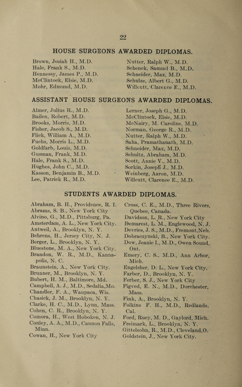 f 22 HOUSE SURGEONS AWARDED DIPLOMAS. Brown, Josiah H., M.D. Hale, Frank S., M.D. Hennessy, James P., M.D. McClintoek, Elsie, M.D. Mohr, Edmund, M.D. Nutter, Ralph W., M.D. Schenek, Samuel B., M.D. Schneider, Max, M.D. Schulze, Albert G., M.D. Willcutt, Clarence E., M.D. ASSISTANT HOUSE SURGEONS AWARDED DIPLOMAS. Aimer, Julius R., M.D. Bailen, Robert, M.D. Brooks, Morris, M.D. Fisher, Jacob S., M.D. Flick, William A., M.D. Fuchs, Morris L., M.D. Goldfarb, Louis, M.D. Gusman, Frank, M.D. Hale, Frank S., M.D. Hughes, John C., M.D. Kasson, Benjamin B., M.D. Lee, Patrick R., M.D. Lerner, Joseph G., M.D. McClintoek, Elsie, M.D. McNairy, M. Caroline, M.D. Norman, George R., M.D. Nutter, Ralph W., M.D. Saha, Pramathanath, M.D. Schneider, Max, M.D. Schultz, Abraham, M.D. Scott, Annie V., M.D. Sorkin, Joseph J., M.D. Weinberg, Aaron, M.D. Willcutt, Clarence E., M.D. STUDENTS AWARDED DIPLOMAS. Abraham, B. H., Providence, R. I. Abrams, S. B., New York City Alvino, G., M.D., Pittsburg, Pa. Amsterdam, A. L., New York City. Antweil, A., Brooklyn, N. Y. Behrens, H., Jersey City, N. J. Berger, L., Brooklyn, N. Y. Bluestone, M. A., New York City. Brandon, W. R., M.D., Kanna¬ polis, N. C. Braunstein, A., New York City. Brunner, M., Brooklyn, N. Y. Bubert, H. M., Baltimore, Md. Campbell, A. J., M.D., Sedalia,Mo. Chandler, F. A., Waupaca, Wis. Chasick, J. M., Brooklyn, N. Y. Clarke, H. C., M.D., Lynn, Mass. Cohen, C. R., Brooklyn, N. Y. Comora, H., West Hoboken, N. J. Conley, A. A., M.D., Cannon Falls, Minn. Cowan, H., New York City Cross, C. E., M.D., Three Rivers, Quebec, Canada. Davidson, L. R., New York City Demarest, L. M., Englewood, N. J. Devries, J. S., M.D., Fremont,Neb. Dobraczynski, B., New York City. Dow, Jeanie I., M.D., Owen Sound, Ont. Emery, C. S., M.D., Ann Arbor, Mich. Engelsher, D. L., New York City. Farber, D., Brooklyn, N. Y. Ferber, S. J., New York City Figved, E. N., M.D., Dorchester, Mass. Fink, A., Brooklyn, N. Y. Folkins F. H., M.D., Redlands, Cal. Ford, Ruey, M. D., Gaylord, Mich. Freimark, L., Brooklyn, N. Y. Gittelsohn, R., M.D., Cleveland,0. Goldstein, J., New York City. f