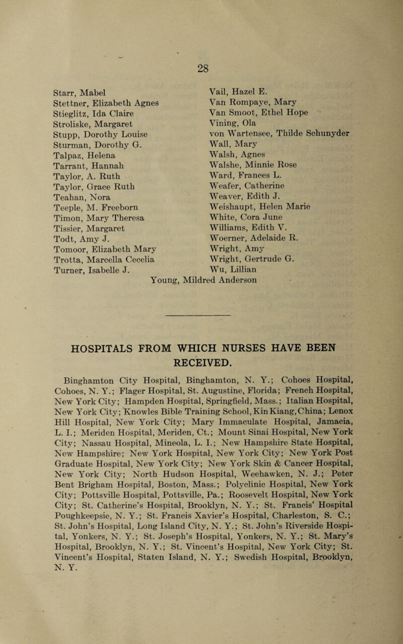 Starr, Mabel Stettner, Elizabeth Agnes Stieglitz, Ida Claire Stroliske, Margaret Stupp, Dorothy Louise Sturman, Dorothy G. Talpaz, Helena Tarrant, Hannah Taylor, A. Ruth Taylor, Grace Ruth Teahan, Nora Teeple, M. Freeborn Timon, Mary Theresa Tissier, Margaret Todt, Amy J. Tomoor, Elizabeth Mary Trotta, Marcella Cecelia Turner, Isabelle J. Young, Vail, Hazel E. Van Rompaye, Mary Van Smoot, Ethel Hope Vining, Ola von Wartensee, Tliilde Schunyder Wall, Mary Walsh, Agnes Walshe, Minnie Rose Ward, Frances L. Weafer, Catherine Weaver, Edith J. Weishaupt, Helen Marie White, Cora June Williams, Edith V. Woerner, Adelaide R. Wright, Amy Wright, Gertrude G. Wu, Lillian Mildred Anderson HOSPITALS FROM WHICH NURSES HAVE BEEN RECEIVED. Binghamton City Hospital, Binghamton, N. Y.; Cohoes Hospital, Cohoes, N. Y.; Flager Hospital, St. Augustine, Florida; French Hospital, New York City; Hampden Hospital, Springfield, Mass.; Italian Hospital, New York City; Knowles Bible Training School,KinKiang,China; Lenox Hill Hospital, New York City; Mary Immaculate Hospital, Jamacia, L. I.; Meriden Hospital, Meriden, Ct.; Mount Sinai Hospital, New York City; Nassau Hospital, Mineola, L. I.; New Hampshire State Hospital, New Hampshire; New York Hospital, New York City; New York Post Graduate Hospital, New York City; New York Skin & Cancer Hospital, New York City; North Hudson Hospital, Weehawken, N. J.; Peter Bent Brigham Hospital, Boston, Mass.; Polyclinic Hospital, New York City; Pottsville Hospital, Pottsville, Pa.; Roosevelt Hospital, New York City; St. Catherine’s Hospital, Brooklyn, N. Y.; St. Francis’ Hospital Poughkeepsie, N. Y.; St. Francis Xavier’s Hospital, Charleston, S. C.; St. John’s Hospital, Long Island City, N. Y.; St. John’s Riverside Hospi¬ tal, Yonkers, N. Y.; St. Joseph’s Hospital, Yonkers, N. Y.; St. Mary’s Hospital, Brooklyn, N. Y.; St. Vincent’s Hospital, New York City; St. Vincent’s Hospital, Staten Island, N. Y.; Swedish Hospital, Brooklyn, N. Y.