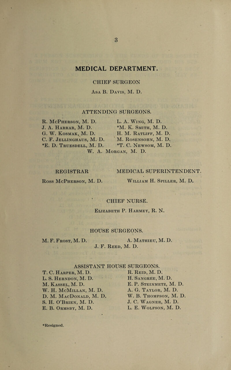 MEDICAL DEPARTMENT. CHIEF SURGEON Asa B. Davis, M. D. ATTENDING SURGEONS. R. McPherson, M. D. J. A. Harrar, M. D. G. W. Kosmak, M. D. C. F. Jellinghaus, M. D. *E. D. Truesdell, M. D. L. A. Wing, M. D. *M. K. Smith, M. D. H. M. Ratliff, M. D. M. Rosensohn, M. D. T. C. Newsom, M. D. W. A. Morgan, M. D. REGISTRAR MEDICAL SUPERINTENDENT. Ross McPherson, M. D. William H. Spiller, M. D. CHIEF NURSE. Elizabeth P. Harmey, R. N. HOUSE SURGEONS. M. F. Frost, M. D. A. Mathieu, M. D. J. F. Reed, M. D. ASSISTANT HOUSE SURGEONS. R. Reid, M. D. T. C. Harper, M. D. L. S. Herndon, M. D. M. Kassel, M. D. W. H. McMillan, M. D. D. M. MacDonald, M. D. S. H. O’Brien, M. D. E. B. Ormsby, M. D. H. Sangree, M. D. E. P. Steinmetz, M. D. A. G. Taylor, M. D. W. B. Thompson, M. D. J. C. Wagner, M. D. L. E. Wolfson, M. D. *Resigned.