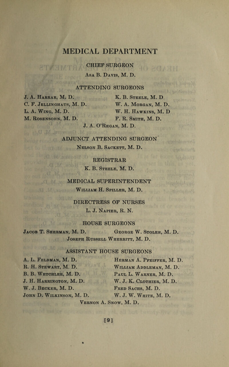 MEDICAL DEPARTMENT CHIEF SURGEON Asa B. Davis, M. D. ATTENDING SURGEONS J. A. Harrar, M. D. C. F. Jellinghaus, M. D. L. A. Wing, M. D. M. Rosensohn, M. D. K. B. Steele, M. D, W. A. Morgan, M. D. W. H. Hawkins, M. D F. R. Smith, M. D. J. A. O’Regan, M. D. ADJUNCT ATTENDING SURGEON Nelson B. Sackett, M. D„ REGISTRAR K. B. Steele, M. D. MEDICAL SUPERINTENDENT William H. Spiller, M. D. DIRECTRESS OF NURSES L. J. Napier, R. N. HOUSE SURGEONS Jacob T. Sherman, M. D. George W. Stoler, M. D. Joseph Russell Wherritt, M. D. ASSISTANT HOUSE SURGEONS A. L. Feldman, M. D. R. H. Stewart, M. D. B. B. Wetchler, M. D. J. H. Harrington, M. D. W. J. Becker, M. D. John D. Wilkinson, M. D. Vernon Herman A. Pfeiffer, M. D. William Addleman, M. D. Paul L. Warner, M. D. W. J. K. Clothier, M. D. Fred Sachs, M. D. W. J. W. White, M. D. . Snow, M. D.