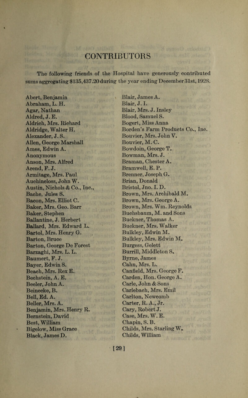 CONTRIBUTORS The following friends of the Hospital have generously contributed sums aggregating $135,437.20 during the year ending December 31st, 1928. Abert, Benjamin Abraham, L. H. Agar, Nathan Aldred, J. E. Aldrich, Mrs. Richard Aldridge, Walter H. Alexander, J. S. Allen, George Marshall Ames, Edwin A. Anonymous Anson, Mrs. Alfred Arend, F. J. Armitage, Mrs. Paul Auchincloss, John W. Austin, Nichols & Co., Inc., Bache, Jules S. Bacon, Mrs. Elliot C. Baker, Mrs. Geo. Barr Baker, Stephen Ballantine, J. Herbert Ballard, Mrs. Edward L. Bartol, Mrs. Henry G. Barton, Bruce Barton, George De Forest Barzaghi, Mrs. L. L. Baumert, F. J. Bayer, Edwin S. Beach, Mrs. Rex E. Bechstein, A. E. Beeler, John A. Beinecke, B. Bell, Ed. A. Beller, Mrs. A. Benjamin, Mrs. Henry R. Bernstein, David Best, William Bigelow, Miss Grace Black, James D. Blair, James A. Blair, J. I. Blair, Mrs. J. Insley Blood, Samuel S. Bogert, Miss Anna Borden’s Farm Products Co., Inc. Bouvier, Mrs. John V. Bouvier, M. C. Bowdoin, George T. Bowman, Mrs. J. Braman, Chester A. Bramwell, E. P. Brenner, Joseph G. Brian, Donald Bristol, Jno. I. D. Brown, Mrs. Archibald M. Brown, Mrs. George A. Brown, Mrs. Wm. Reynolds Buchsbaum, M. and Sons Buckner, Thomas A. Buckner, Mrs. Walker Bulkley, Edwin M. Bulkley, Mrs. Edwin M. Burgess, Gelett Burrill, Middleton S. Byrne, James Cahn, Mrs. L. Canfield, Mrs. George F. Carden, Hon. George A. Carle, John & Sons Carlebach, Mrs. Emil Carlton, Newcomb Carter, R. A., Jr. Cary, Robert J. Case, Mrs. W. E. Chapin, S. B. Childs, Mrs. Starling W. Childs, William [29]