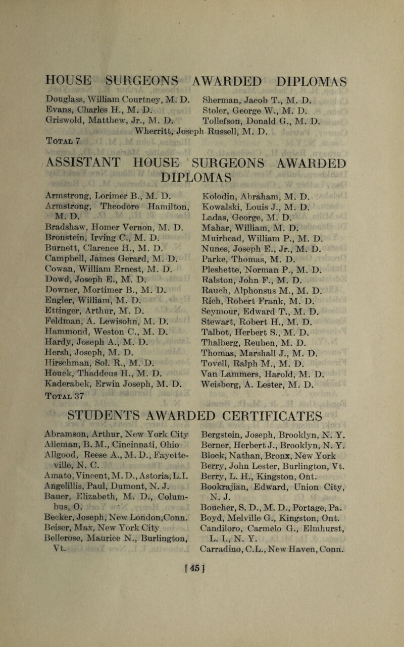 Douglass, William Courtney, M. D. Sherman, Jacob T., M. D. Evans, Charles H., M. D. Stoler, George W., M. D. Griswold, Matthew, Jr., M. D. Tollefson, Donald G., M. D. Wherritt, Joseph Russell, M. D. Total 7 ASSISTANT HOUSE SURGEONS AWARDED DIPLOMAS Armstrong, Lorimer B., M. D. Armstrong, Theodore Hamilton, M. D. Bradshaw, Homer Vernon, M. D. Bronstein, Irving C., M. D. Burnett, Clarence H., M. D. Campbell, James Gerard, M. D. Cowan, William Ernest, M. D. Dowd, Joseph E., M. D; Downer, Mortimer B., M. D. Engler, William, M. D. Ettinger, Arthur, M. D. Feldman, A. Lewisohn, M. I). Hammond, Weston C., M. D. Hardy, Joseph A., M. D. HersJi, Joseph, M. D. Hirschman, Sol. R., M. D. Houck, Thaddeus H., M. D. Kaderabek, Erwin Joseph, M. D. Total 37 Kolodin, Abraham, M. D. Kowalski, Louis J., M. D. Ladas, George, M. D. Mahar, William, M. D. Muirhead, William P., M. D. Nunes, Joseph E., Jr., M. D. Parke, Thomas, M. D. Pleshette, Norman P., M. D. Ralston, John F., M. D. Rauch, Alphonsus M., M. D. Rich, Robert Frank, M. D. Seymour, Edward T., M. D. Stewart, Robert H., M. D. Talbot, Herbert S., M. D. Thalberg, Reuben, M. D. Thomas, Marshall J., M. D. Tovell, Ralph M., M. D. Van Lammers, Harold, M. D. Weisberg, A. Lester, M. D. STUDENTS AWARDED CERTIFICATES Abramson, Arthur, New York City Alleman, B. M., Cincinnati, Ohio Allgood, Reese A., M. D., Fayette¬ ville, N. C. Amato, Vincent, M. D., Astoria, L.I. Angelillis, Paul, Dumont, N. J. Bauer, Elizabeth, M. D., Colum¬ bus, O. Becker, Joseph, New London,Conn. Beiser, Max, New York City Bellerose, Maurice N., Burlington, Vt. Bergstein, Joseph, Brooklyn, N. Y. Berner, Herbert J., Brooklyn, N. Y. Block, Nathan, Bronx, New York Berry, John Lester, Burlington, Vt. Berry, L. H., Kingston, Ont. Bookrajian, Edward, Union City, N. J. Boucher, S. D., M. D., Portage, Pa. Boyd, Melville G., Kingston, Ont. Candiloro, Carmelo G., Elmhurst, L. I., N. Y. Carradino, C.L., New Haven, Conn. [45]
