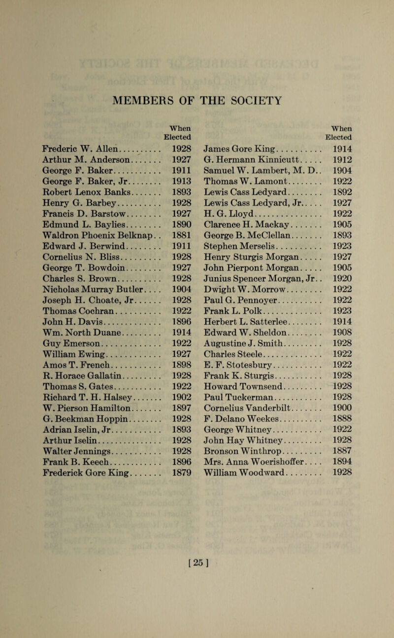 MEMBERS OF THE SOCIETY When Elected Frederic W. Allen. 1928 Arthur M. Anderson. 1927 George F. Baker. 1911 George F. Baker, Jr. 1913 Robert Lenox Banks. 1893 Henry G. Barbey. 1928 Francis D. Barstow. 1927 Edmund L. Baylies. 1890 Waldron Phoenix Belknap. . 1881 Edward J. Berwind. 1911 Cornelius N. Bliss. 1928 George T. Bowdoin. 1927 Charles S. Brown. 1928 Nicholas Murray Butler. .. . 1904 Joseph H. Choate, Jr. 1928 Thomas Cochran. 1922 John H. Davis. 1896 Wm. North Duane. 1914 Guy Emerson. 1922 William Ewing. 1927 Amos T. French. 1898 R. Horace Gallatin. 1928 Thomas S. Gates. 1922 Richard T. H. Halsey. 1902 W. Pierson Hamilton. 1897 G. Beekman Hoppin. 1928 Adrian Iselin, Jr. 1893 Arthur Iselin. 1928 Walter Jennings. 1928 Frank B. Keech. 1896 Frederick Gore King. 1879 When Elected James Gore King. 1914 G. Hermann Kinnicutt. 1912 Samuel W. Lambert, M. D.. 1904 Thomas W. Lamont. 1922 Lewis Cass Ledyard. 1892 Lewis Cass Ledyard, Jr. 1927 H. G. Lloyd. 1922 Clarence H. Mackay. 1905 George B. McClellan. 1893 Stephen Merselis. 1923 Henry Sturgis Morgan. 1927 John Pierpont Morgan. 1905 Junius Spencer Morgan, Jr.. 1920 Dwight W. Morrow. 1922 Paul G. Pennoyer. 1922 Frank L. Polk. 1923 Herbert L. Satterlee. 1914 Edward W. Sheldon. 1908 Augustine J. Smith. 1928 Charles Steele. 1922 E. F. Stotesbury. 1922 Frank K. Sturgis. 1928 Howard Townsend. 1928 Paul Tuckerman. 1928 Cornelius Vanderbilt. 1900 F. Delano Weekes. 1888 George Whitney. 1922 John Hay Whitney. 1928 Bronson W inthrop. 1887 Mrs. Anna Woerishoffer. . . . 1894 William Woodward. 1928 [25]