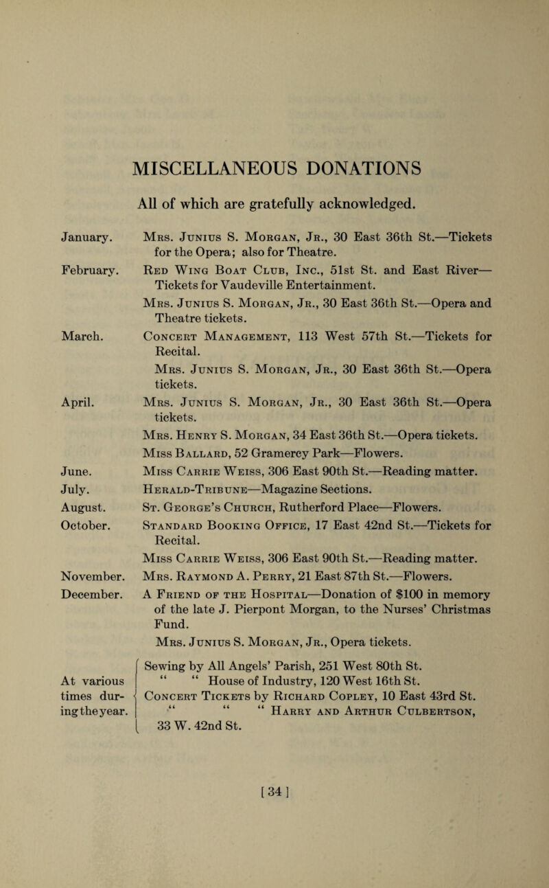 MISCELLANEOUS DONATIONS January. February. March. April. June. July. August. October. November. December. At various times dur¬ ing the year. All of which are gratefully acknowledged. Mrs. Junius S. Morgan, Jr., 30 East 36th St.—Tickets for the Opera; also for Theatre. Red Wing Boat Club, Inc., 51st St. and East River— Tickets for Vaudeville Entertainment. Mrs. Junius S. Morgan, Jr., 30 East 36th St.—Opera and Theatre tickets. Concert Management, 113 West 57th St.—Tickets for Recital. Mrs. Junius S. Morgan, Jr., 30 East 36th St.—Opera tickets. Mrs. Junius S. Morgan, Jr., 30 East 36th St.—Opera tickets. Mrs. Henry S. Morgan, 34 East 36th St.—Opera tickets. Miss Ballard, 52 Gramercy Park—Flowers. Miss Carrie Weiss, 306 East 90th St.—Reading matter. Herald-Tribune—Magazine Sections. St. George’s Church, Rutherford Place—Flowers. Standard Booking Office, 17 East 42nd St.—Tickets for Recital. Miss Carrie Weiss, 306 East 90th St.—Reading matter. Mrs. Raymond A. Perry, 21 East 87th St.—Flowers. A Friend of the Hospital—Donation of $100 in memory of the late J. Pierpont Morgan, to the Nurses’ Christmas Fund. Mrs. Junius S. Morgan, Jr., Opera tickets. Sewing by All Angels’ Parish, 251 West 80th St. House of Industry, 120 West 16th St. < Concert Tickets by Richard Copley, 10 East 43rd St. Harry and Arthur Culbertson, 33 W. 42nd St. [34]