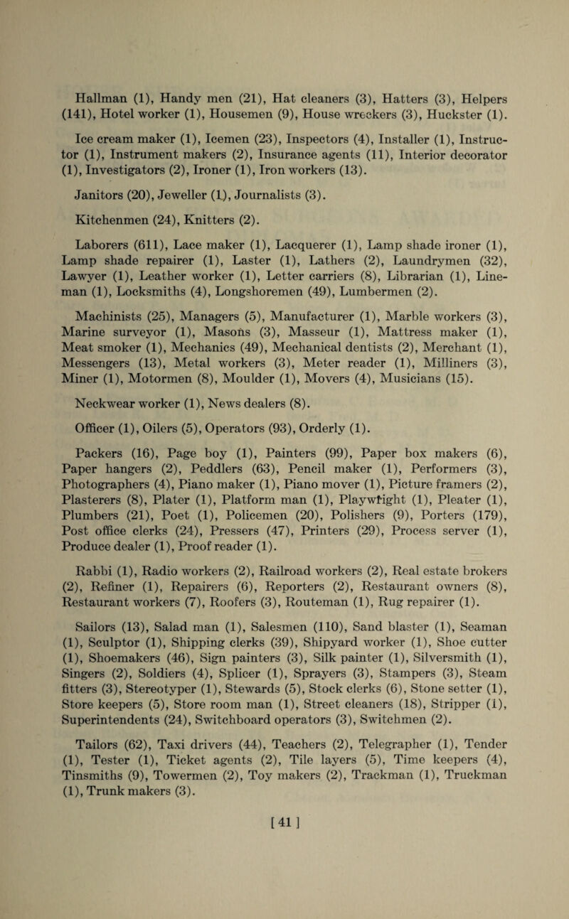 (141), Hotel worker (1), Housemen (9), House wreckers (3), Huckster (1). Ice cream maker (1), Icemen (23), Inspectors (4), Installer (1), Instruc¬ tor (1), Instrument makers (2), Insurance agents (11), Interior decorator (1) , Investigators (2), Ironer (1), Iron workers (13). Janitors (20), Jeweller (4), Journalists (3). Kitchenmen (24), Knitters (2). Laborers (611), Lace maker (1), Lacquerer (1), Lamp shade ironer (1), Lamp shade repairer (1), Laster (1), Lathers (2), Laundrymen (32), Lawyer (1), Leather worker (1), Letter carriers (8), Librarian (1), Line¬ man (1), Locksmiths (4), Longshoremen (49), Lumbermen (2). Machinists (25), Managers (5), Manufacturer (1), Marble workers (3), Marine surveyor (1), Masons (3), Masseur (1), Mattress maker (1), Meat smoker (1), Mechanics (49), Mechanical dentists (2), Merchant (1), Messengers (13), Metal workers (3), Meter reader (1), Milliners (3), Miner (1), Motormen (8), Moulder (1), Movers (4), Musicians (15). Neckwear worker (1), News dealers (8). Officer (1), Oilers (5), Operators (93), Orderly (1). Packers (16), Page boy (1), Painters (99), Paper box makers (6), Paper hangers (2), Peddlers (63), Pencil maker (1), Performers (3), Photographers (4), Piano maker (1), Piano mover (1), Picture framers (2), Plasterers (8), Plater (1), Platform man (1), Playwright (1), Pleater (1), Plumbers (21), Poet (1), Policemen (20), Polishers (9), Porters (179), Post office clerks (24), Pressers (47), Printers (29), Process server (1), Produce dealer (1), Proof reader (1). Rabbi (1), Radio workers (2), Railroad workers (2), Real estate brokers (2) , Refiner (1), Repairers (6), Reporters (2), Restaurant owners (8), Restaurant workers (7), Roofers (3), Routeman (1), Rug repairer (1). Sailors (13), Salad man (1), Salesmen (110), Sand blaster (1), Seaman (1), Sculptor (1), Shipping clerks (39), Shipyard worker (1), Shoe cutter (1), Shoemakers (46), Sign painters (3), Silk painter (1), Silversmith (1), Singers (2), Soldiers (4), Splicer (1), Sprayers (3), Stampers (3), Steam fitters (3), Stereotyper (1), Stewards (5), Stock clerks (6), Stone setter (1), Store keepers (5), Store room man (1), Street cleaners (18), Stripper (1), Superintendents (24), Switchboard operators (3), Switchmen (2). Tailors (62), Taxi drivers (44), Teachers (2), Telegrapher (1), Tender (1), Tester (1), Ticket agents (2), Tile layers (5), Time keepers (4), Tinsmiths (9), Towermen (2), Toy makers (2), Trackman (1), Truckman (1), Trunk makers (3). [411