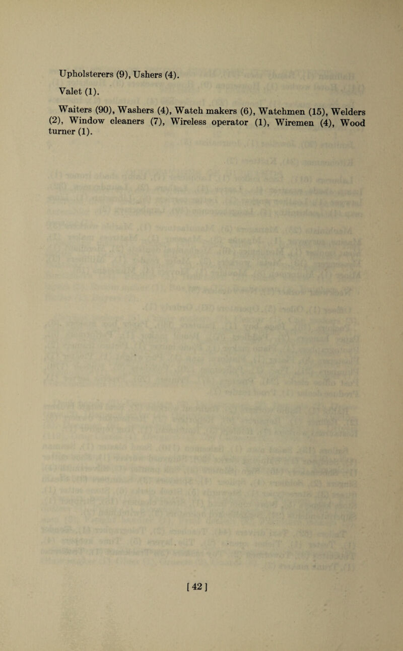 Valet (1). Waiters (90), Washers (4), Watch makers (6), Watchmen (15), Welders (2), Window cleaners (7), Wireless operator (1), Wiremen (4), Wood turner (1). [42]