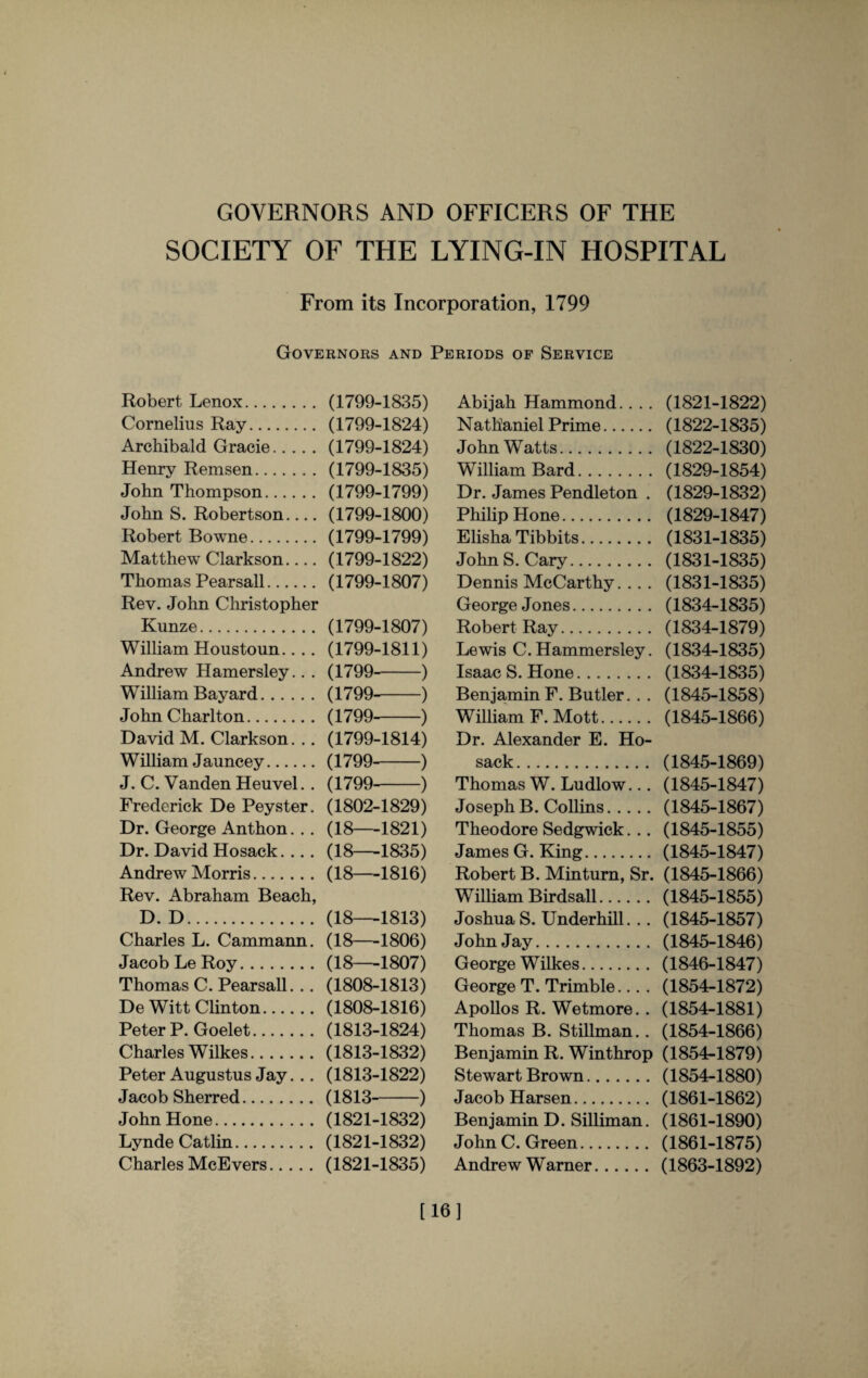 GOVERNORS AND OFFICERS OF THE SOCIETY OF THE LYING-IN HOSPITAL From its Incorporation, 1799 Governors and Periods of Service Robert Lenox. (1799-1835) Cornelius Ray. (1799-1824) Archibald Gracie.(1799-1824) Henry Remsen. (1799-1835) John Thompson. (1799-1799) John S. Robertson_ (1799-1800) Robert Bowne. (1799-1799) Matthew Clarkson.... (1799-1822) Thomas Pearsall. (1799-1807) Rev. John Christopher Kunze. (1799-1807) William Houstoun.... (1799-1811) Andrew Hamersley.. . (1799-) William Bayard. (1799-) John Charlton. (1799-) David M. Clarkson... (1799-1814) William Jauncey. (1799--) J. C. Vanden Heuvel.. (1799--) Frederick De Peyster. (1802-1829) Dr. George Anthon. .. (18—-1821) Dr. David Hosack.... (18—1835) Andrew Morris. (18—1816) Rev. Abraham Beach, D. D. (18—1813) Charles L. Cammann. (18—1806) Jacob Le Roy.(18—1807) Thomas C. Pearsall. .. (1808-1813) De Witt Clinton. (1808-1816) Peter P. Goelet. (1813-1824) Charles Wilkes. (1813-1832) Peter Augustus Jay... (1813-1822) Jacob Sherred. (1813-) John Hone. (1821-1832) Lynde Catlin. (1821-1832) Charles McEvers. (1821-1835) Abijah Hammond.. .. Nathaniel Prime. John Watts. William Bard. Dr. James Pendleton . Philip Hone. Elisha Tibbits. John S. Cary. Dennis McCarthy.... George Jones. Robert Ray. Lewis C. Hammersley. Isaac S. Hone. Benjamin F. Butler. . . William F. Mott. Dr. Alexander E. Ho¬ sack . Thomas W. Ludlow... Joseph B. Collins. Theodore Sedgwick... James G. King. Robert B. Min turn, Sr. William Birdsall. JoshuaS. Underhill. .. John Jay. George Wilkes. George T. Trimble.... Apollos R. Wetmore. . Thomas B. Stillman.. Benjamin R. Winthrop Stewart Brown. Jacob Harsen. Benjamin D. Silliman. John C. Green. Andrew Warner. (1821-1822) (1822-1835) (1822-1830) (1829-1854) (1829-1832) (1829-1847) (1831-1835) (1831-1835) (1831-1835) (1834-1835) (1834-1879) (1834-1835) (1834-1835) (1845-1858) (1845-1866) (1845-1869) (1845-1847) (1845-1867) (1845-1855) (1845-1847) (1845-1866) (1845-1855) (1845-1857) (1845-1846) (1846-1847) (1854-1872) (1854-1881) (1854-1866) (1854-1879) (1854-1880) (1861-1862) (1861-1890) (1861-1875) (1863-1892) [16]