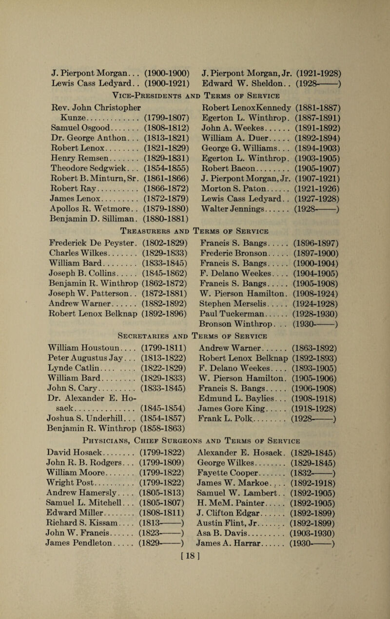 J. Pierpont Morgan... (1900-1900) J. Pierpont Morgan, Jr. (1921-1928) Lewis Cass Ledyard. . (1900-1921) Edward W. Sheldon.. (1928'-) Vice-Presidents and Terms of Service Rev. John Christopher (1799-1807) (1808-1812) (1813-1821) (1821-1829) (1829-1831) (1854-1855) (1861-1866) (1866-1872) (1872-1879) (1879-1880) (1880-1881) Robert LenoxKennedy (1881-1887) Egerton L. Winthrop. (1887-1891) John A. Weekes. (1891-1892) William A. Duer. (1892-1894) George G. Williams. . . (1894-1903) Egerton L. Winthrop. (1903-1905) Robert Bacon. (1905-1907) J. Pierpont Morgan, Jr. (1907-1921) Morton S. Paton. (1921-1926) Lewis Cass Ledyard. . (1927-1928) Walter Jennings. (1928-) Kunze. Samuel Osgood. Dr. George Anthon. .. Robert Lenox. Henry Remsen. Theodore Sedgwick. . . Robert B. Minturn, Sr. Robert Ray. James Lenox. Apollos R. Wetmore. . Benjamin D. Silliman. Treasurers and Terms of Service Frederick De Peyster. (1802-1829) Francis S. Bangs. Charles Wilkes. (1829-1833) Frederic Bronson. William Bard. (1833-1845) Francis S. Bangs. Joseph B. Collins. (1845-1862) F. Delano Weekes. . . . Benjamin R. Winthrop (1862-1872) Francis S. Bangs. Joseph W. Patterson. . (1872-1881) W. Pierson Hamilton. Andrew Warner. (1882-1892) Stephen Merselis. Robert Lenox Belknap (1892-1896) Paul Tuckerman. Bronson Winthrop. .. Secretaries and Terms of Service (1896-1897) (1897-1900) (1900-1904) (1904-1905) (1905-1908) (1908-1924) (1924-1928) (1928-1930) (1930-) William Houstoun.... (1799-1811) Peter Augustus Jay.. . (1813-1822) LyndeCatlin. (1822-1829) William Bard. (1829-1833) John S. Cary. (1833-1845) Dr. Alexander E. Ho- sack. (1845-1854) Joshua S. Underhill.. . (1854-1857) Benjamin R. Winthrop (1858-1863) Andrew Warner. (1863-1892) Robert Lenox Belknap (1892-1893) F. Delano Weekes. .. . (1893-1905) W. Pierson Hamilton. (1905-1906) Francis S. Bangs. (1906-1908) Edmund L. Baylies. . . (1908-1918) James Gore King. (1918-1928) Frank L. Polk.. (1928'-) Physicians, Chief Surgeons and Terms of Service David Hosack. John R. B. Rodgers. . . William Moore. Wright Post. Andrew Hamersly Samuel L. Mitchell. . . Edward Miller. Richard S. Kissam John W. Francis. James Pendleton. (1799-1822) Alexander E. Hosack. (1829-1845) (1799-1809) George Wilkes. (1829-1845) (1799-1822) Fayette Cooper. (1832-) (1799-1822) James W. Markoe. . . . (1892-1918) (1805-1813) Samuel W. Lambert. . (1892-1905) (1805-1807) H. McM. Painter. (1892-1905) (1808-1811) J. Clifton Edgar. (1892-1899) (1813--) Austin Flint, Jr. (1892-1899) (1823-) Asa B. Davis. (1903-1930) (1829-) James A. Harrar. (1930-) [18]