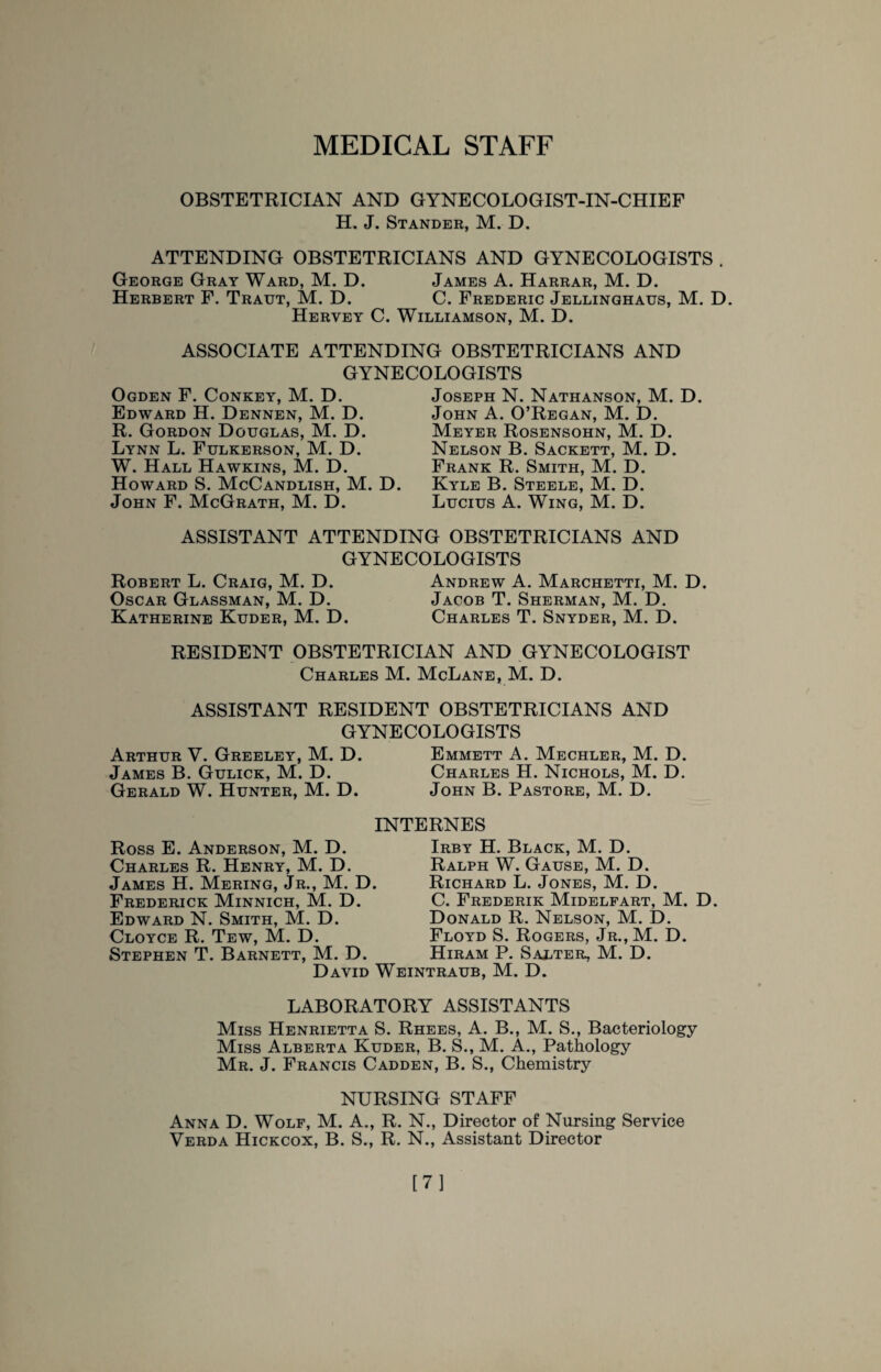 MEDICAL STAFF OBSTETRICIAN AND GYNECOLOGIST-IN-CHIEF H. J. Standee, M. D. ATTENDING OBSTETRICIANS AND GYNECOLOGISTS . George Gray Ward, M. D. James A. Harrar, M. D. Herbert F. Traut, M. D. C. Frederic Jellinghaus, M. D. Hervey C. Williamson, M. D. ASSOCIATE ATTENDING OBSTETRICIANS AND GYNECOLOGISTS Ogden F. Conkey, M. D. Edward H. Dennen, M. D. R. Gordon Douglas, M. D. Lynn L. Fulkerson, M. D. W. Hall Hawkins, M. D. Howard S. McCandlish, M. D. John F. McGrath, M. D. Joseph N. Nathanson, M. D. John A. O’Regan, M. D. Meyer Rosensohn, M. D. Nelson B. Sackett, M. D. Frank R. Smith, M. D. Kyle B. Steele, M. D. Lucius A. Wing, M. D. ASSISTANT ATTENDING OBSTETRICIANS AND GYNECOLOGISTS Robert L. Craig, M. D. Andrew A. Marchetti, M. D. Oscar Glassman, M. D. Jacob T. Sherman, M. D. Katherine Kuder, M. D. Charles T. Snyder, M. D. RESIDENT OBSTETRICIAN AND GYNECOLOGIST Charles M. McLane, M. D. ASSISTANT RESIDENT OBSTETRICIANS AND GYNECOLOGISTS Arthur V. Greeley, M. D. Emmett A. Mechler, M. D. James B. Gulick, M. D. Charles H. Nichols, M. D. Gerald W. Hunter, M. D. John B. Pastore, M. D. Ross E. Anderson, M. D. Charles R. Henry, M. D. James H. Mering, Jr., M. D Frederick Minnich, M. D. Edward N. Smith, M. D. Cloyce R. Tew, M. D. Stephen T. Barnett, M. D. David INTERNES Irby H. Black, M. D. Ralph W. Gause, M. D. . Richard L. Jones, M. D. C. Frederik Midelfart, M. D. Donald R. Nelson, M. D. Floyd S. Rogers, Jr., M. D. Hiram P. Salter, M. D. Weintraub, M. D. LABORATORY ASSISTANTS Miss Henrietta S. Rhees, A. B., M. S., Bacteriology Miss Alberta Kuder, B. S., M. A., Pathology Mr. J. Francis Cadden, B. S., Chemistry NURSING STAFF Anna D. Wolf, M. A., R. N., Director of Nursing Service Verda Hickcox, B. S., R. N., Assistant Director [7]