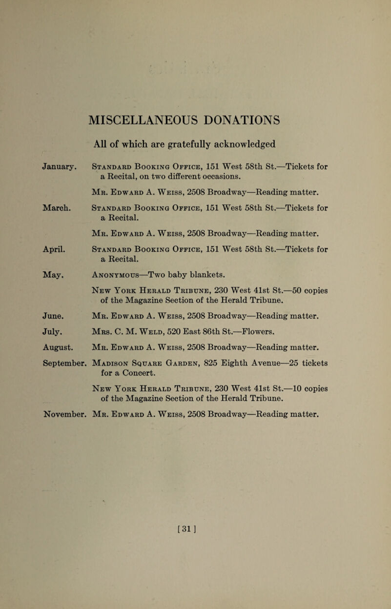 MISCELLANEOUS DONATIONS January. March. April. May. June. July. August. September. November. All of which are gratefully acknowledged Standard Booking Office, 151 West 58th St.—Tickets for a Recital, on two different occasions. Mr. Edward A. Weiss, 2508 Broadway—Reading matter. Standard Booking Office, 151 West 58th St.—Tickets for a Recital. Mr. Edward A. Weiss, 2508 Broadway—Reading matter. Standard Booking Office, 151 West 58th St.—Tickets for a Recital. Anonymous—Two baby blankets. New York Herald Tribune, 230 West 41st St.—50 copies of the Magazine Section of the Herald Tribune. Mr. Edward A. Weiss, 2508 Broadway—Reading matter. Mrs. C. M. Weld, 520 East 86th St.—Flowers. Mr. Edward A. Weiss, 2508 Broadway—Reading matter. Madison Square Garden, 825 Eighth Avenue—25 tickets for a Concert. New York Herald Tribune, 230 West 41st St.—10 copies of the Magazine Section of the Herald Tribune. Mr. Edward A. Weiss, 2508 Broadway—Reading matter. [31]