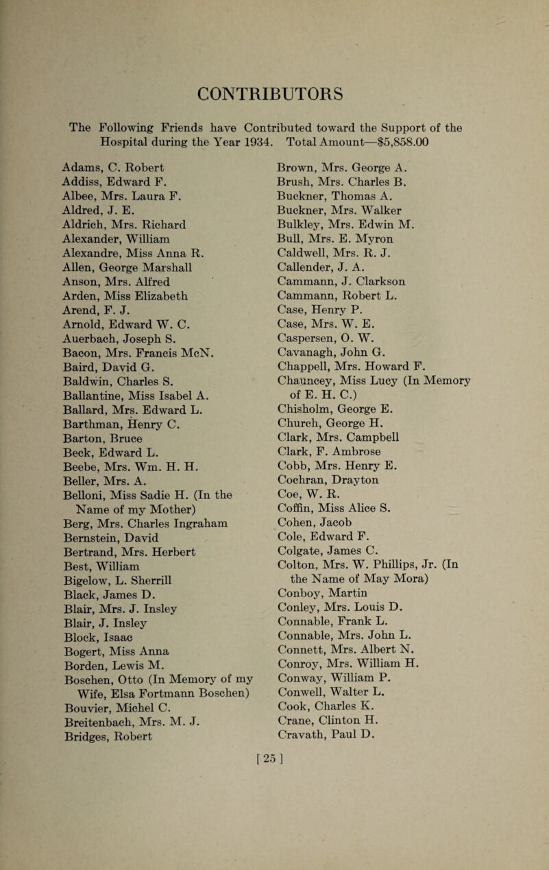 CONTRIBUTORS The Following Friends have Contributed toward the Support of the Hospital during the Year 1934. Total Amount—$5,858.00 Adams, C. Robert Addiss, Edward F. Albee, Mrs. Laura F. Aldred, J. E. Aldrich, Mrs. Richard Alexander, William Alexandre, Miss Anna R. Allen, George Marshall Anson, Mrs. Alfred Arden, Miss Elizabeth Arend, F. J. Arnold, Edward W. C. Auerbach, Joseph S. Bacon, Mrs. Francis McN. Baird, David G. Baldwin, Charles S. Ballantine, Miss Isabel A. Ballard, Mrs. Edward L. Barthman, Henry C. Barton, Bruce Beck, Edward L. Beebe, Mrs. Wm. H. H. Beller, Mrs. A. Belloni, Miss Sadie H. (In the Name of my Mother) Berg, Mrs. Charles Ingraham Bernstein, David Bertrand, Mrs. Herbert Best, William Bigelow, L. Sherrill Black, James D. Blair, Mrs. J. Insley Blair, J. Insley Block, Isaac Bogert, Miss Anna Borden, Lewis M. Boschen, Otto (In Memory of my Wife, Elsa Fortmann Boschen) Bouvier, Michel C. Breitenbach, Mrs. M. J. Bridges, Robert Brown, Mrs. George A. Brush, Mrs. Charles B. Buckner, Thomas A. Buckner, Mrs. Walker Bulkley, Mrs. Edwin M. Bull, Mrs. E. Myron Caldwell, Mrs. R. J. Callender, J. A. Cammann, J. Clarkson Cammann, Robert L. Case, Henry P. Case, Mrs. W. E. Caspersen, O. W. Cavanagh, John G. Chappell, Mrs. Howard F. Chauncey, Miss Lucy (In Memory of E. H. C.) Chisholm, George E. Church, George H. Clark, Mrs. Campbell Clark, F. Ambrose Cobb, Mrs. Henry E. Cochran, Drayton Coe, W. R. Coffin, Miss Alice S. Cohen, Jacob Cole, Edward F. Colgate, James C. Colton, Mrs. W. Phillips, Jr. (In the Name of May Mora) Conboy, Martin Conley, Mrs. Louis D. Connable, Frank L. Connable, Mrs. John L. Connett, Mrs. Albert N. Conroy, Mrs. William H. Conway, William P. Conwell, Walter L. Cook, Charles K. Crane, Clinton H. Cravath, Paul D. [25]