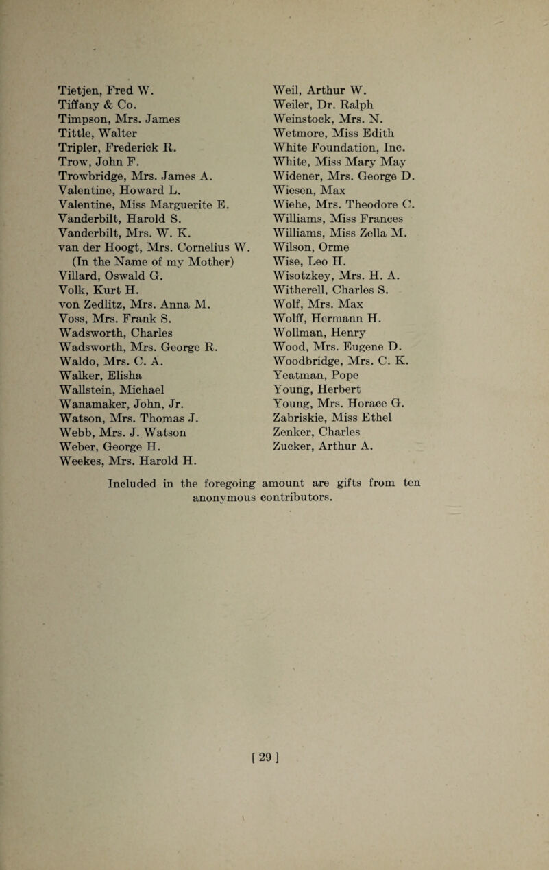 Tietjen, Fred W. Tiffany & Co. Timpson, Mrs. James Tittle, Walter Tripler, Frederick R. Trow, John F. Trowbridge, Mrs. James A. Valentme, Howard L. Valentine, Miss Marguerite E. Vanderbilt, Harold S. Vanderbilt, Mrs. W. K. van der Hoogt, Mrs. Cornelius W. (In the Name of my Mother) Villard, Oswald G. Volk, Kurt H. von Zedlitz, Mrs. Anna M. Voss, Mrs. Frank S. Wadsworth, Charles Wadsworth, Mrs. George R. Waldo, Mrs. C. A. Walker, Elisha Wallstein, Michael Wanamaker, John, Jr. Watson, Mrs. Thomas J. Webb, Mrs. J. Watson Weber, George H. Weekes, Mrs. Harold H. Weil, Arthur W. Weiler, Dr. Ralph Weinstock, Mrs. N. Wetmore, Miss Edith White Foundation, Inc. White, Miss Mary May Widener, Mrs. George D. Wiesen, Max Wiehe, Mrs. Theodore C. Williams, Miss Frances Williams, Miss Zella M. Wilson, Orme Wise, Leo H. Wisotzkey, Mrs. H. A. Withered, Charles S. Wolf, Mrs. Max Wolff, Hermann H. Wollman, Henry Wood, Mrs. Eugene D. Woodbridge, Mrs. C. K. Yeatman, Pope Young, Herbert Young, Mrs. Horace G. Zabriskie, Miss Ethel Zenker, Charles Zucker, Arthur A. Included in the foregoing amount are gifts from ten anonymous contributors. [29]