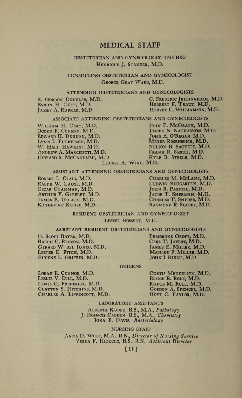 MEDICAL STAFF OBSTETRICIAN AND GYNECOLOGIST-IN-CHIEF Henricus J. Stander, M.D. CONSULTING OBSTETRICIAN AND GYNECOLOGIST George Gray Ward, M.D. ATTENDING OBSTETRICIANS AND GYNECOLOGISTS R. Gordon Douglas, M.D. Byron H. Goff, M.D. James A. Harrar, M.D. C. Frederic Jellinghaus, M.D Herbert F. Traut, M.D. Hervey C. Williamson, M.D. ASSOCIATE ATTENDING OBSTETRICIANS AND GYNECOLOGISTS William H. Cary, M.D. Ogden F. Conkey, M.D. Edward H. Dennen, M.D. Lynn L. Fulkerson, M.D. W. Hall Hawkins, M.D. Andrew A. Marchetti, M.D. Howard S. McCandlish, M.D. Lucius A. John F. McGrath, M.D. Joseph N. Nathanson, M.D. John A. O’Regan, M.D. Meyer Rosensohn, M.D. Nelson B. Sackett, M.D. Frank R. Smith, M.D. Kyle B. Steele, M.D. Wing, M.D. ASSISTANT ATTENDING OBSTETRICIANS AND GYNECOLOGISTS Robert L. Craig, M.D. Ralph W. Gause, M.D. Oscar Glassman, M.D. Arthur V. Greeley, M.D. James B. Gulick, M.D. Katherine Kuder, M.D. Charles M. McLane, M.D. Ludwig Neugarten, M.D. John B. Pastore, M.D. Jacob T. Sherman, M.D. Charles T. Snyder, M.D. Raymond R. Squier, M.D. RESIDENT OBSTETRICIAN AND GYNECOLOGIST Lester Bossert, M.D. ASSISTANT RESIDENT OBSTETRICIANS AND GYNECOLOGISTS D. Scott Bayer, M.D. Ralph C. Benson, M.D. Gerard W. del Junco, M.D. Lester E. Fitch, M.D. Eugene L. Griffin, M.D. Pembroke Grove, M.D. Carl T. J avert, M.D. James E. Miller, M.D. Mahlon F. Miller, M.D. John I. Rinne, M.D. INTERNS Loran E. Connor, M.D. Leslie V. Dill, M.D. Lewis O. Frederick, M.D. Clayton S. Hitchins, M.D. Charles A. Lippincott, M.D. Curtis Mendelson, M.D. Bruce B. Rolf, M.D. Rufus M. Roll, M.D. Gordon A. Spencer, M.D, Hoyt C. Taylor, M.D. LABORATORY ASSISTANTS Alberta Kuder, B.S., M.A., Pathology J. Francis Cadden, B.S., M.A., Chemistry Iona F. Davis, Bacteriology NURSING STAFF Anna D. Wolf, M.A., R.N., Director of Nursing Service Verda F. Hickcox, B.S., R.N., Assistant Director [18]