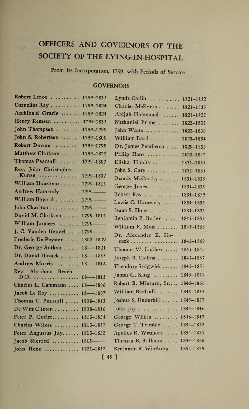 OFFICERS AND GOVERNORS OF THE SOCIETY OF THE LYING-IN-HOSPITAL From Its Incorporation, 1799, with Periods of Service GOVERNORS Konert Lenox . 1799-1835 Cornelius Ray. . 1799-1824 Archibald Gracie . 1799-1824 Henry Remsen. 1799-1835 John Thompson. 1799-1799 John S. Robertson.. 1799-1800 Robert Downe . 1799-1799 Matthew Clarkson. 1799-1822 Thomas Pearsall. 1799-1807 Rev. John Christopher Kunze . 1799-1807 William Houstoun. 1799-1811 Andrew Hamersly. 1799- William Bayard. 1799- John Charlton. 1799- David M. Clarkson. 1799-1814 William Jauncey. 1799- J. C. Vanden Heuvel. 1799- Frederic De Peyster. 1802-1829 Dr. George Anthon. 18-1821 Dr. David Hosack. 18-1835 Andrew Morris. 18-1816 Rev. Abraham Beach, D.D. 18-1813 Charles L. Cammann .... 18-1806 Jacob Le Roy. 18-1807 Thomas C. Pearsall. 1808-1813 De Witt Clinton. 1808-1816 Peter P. Goelet. 1813-1824 Charles Wilkes . 1813-1832 Peter Augustus Jay. 1813-1822 Jacob Sherred . 1813- John Hone . 1821-1832 [ LyndeCatlin. 1821-1832 Charles McEvers. 1821-1835 Abijah Hammond. 1821-1822 Nathaniel Prime . 1822-1835 John Watts... 1822-1830 William Bard. 1829-1854 Dr. James Pendleton. 1829-1832 Philip Hone . 1829-1847 Elisha Tibbits . 1831-1835 John S. Cary. 1831-1835 Dennis McCarthy. 1831-1835 George Jones. 1834-1835 Robert Ray. 1834-1879 Lewis C. Hamersly. 1834-1835 Isaac S. Hone. 1834-1835 Benjamin F. Butler. 1845-1858 William F. Mott. 1845-1866 Dr. Alexander E. Ho¬ sack . 1845-1869 Thomas W. Ludlow. 1845-1847 Joseph B. Collins. 1845-1867 Theodore Sedgwick. 1845-1855 James G. King. 1845-1847 Robert B. Minturn, Sr_ 1845-1866 William Birdsall. 1845-1855 Joshua S. Underhill. 1845-1857 John Jay. 1845-1846 George Wilkes . 1846-1847 George T. Trimble. 1854-1872 Apollos R. Wetmore. 1854-1881 Thomas B. Stillman. 1854—1866 Benjamin R. Winthrop ... 1854-1879 ]