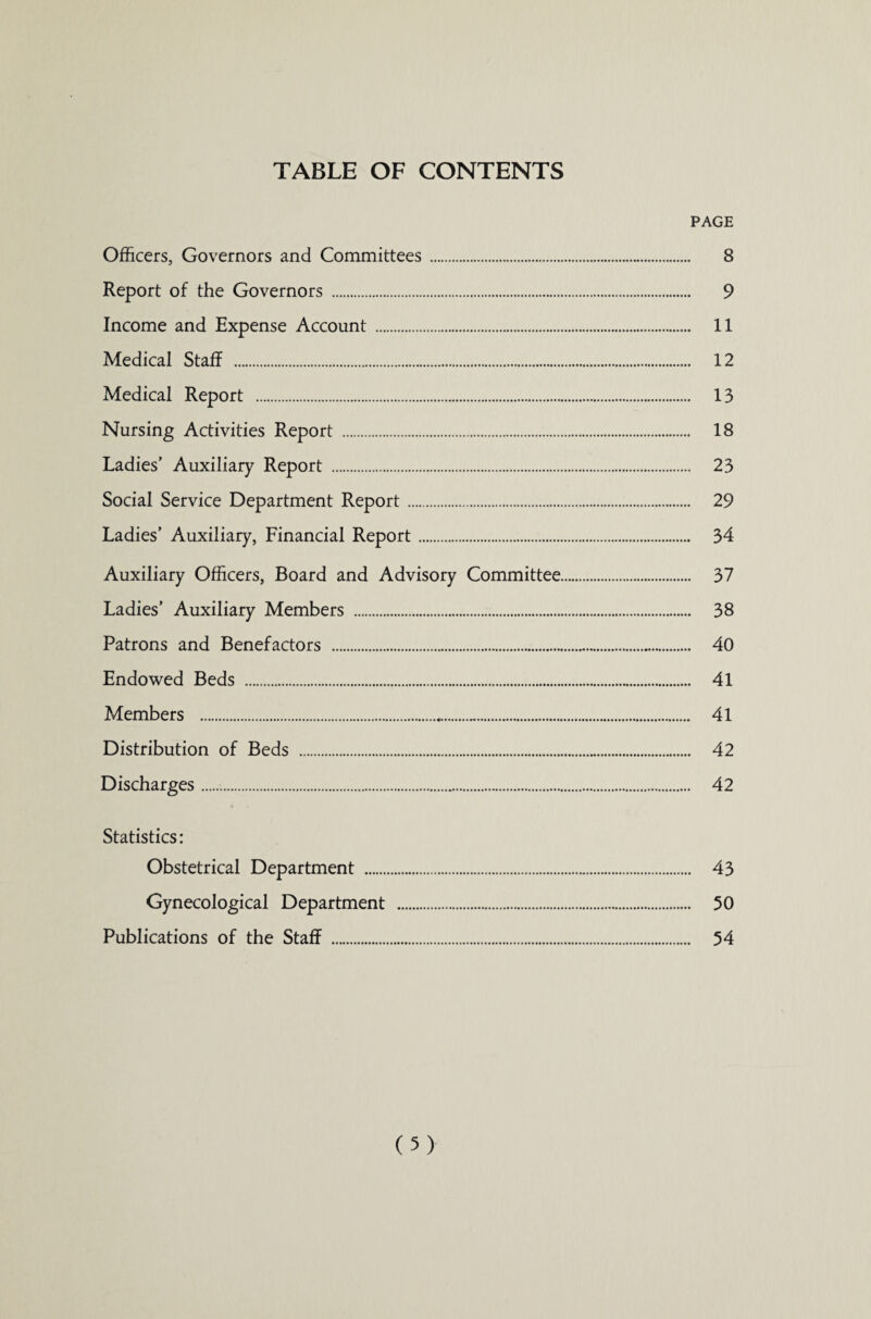 TABLE OF CONTENTS PAGE Officers, Governors and Committees. 8 Report of the Governors . 9 Income and Expense Account . 11 Medical Staff . 12 Medical Report . 13 Nursing Activities Report . 18 Ladies’ Auxiliary Report . 23 Social Service Department Report. 29 Ladies’ Auxiliary, Financial Report. 34 Auxiliary Officers, Board and Advisory Committee. 37 Ladies’ Auxiliary Members . 38 Patrons and Benefactors . 40 Endowed Beds . 41 Members . 41 Distribution of Beds . 42 Discharges... 42 Statistics: Obstetrical Department . 43 Gynecological Department . 50 Publications of the Staff . 54