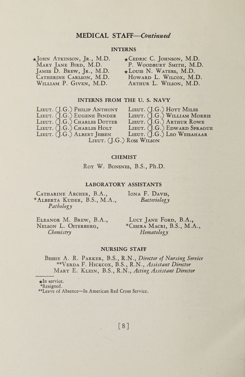 MEDICAL STAFF—Continued INTERNS ★John Atkinson, Jr., M.D. Mary Jane Bird, M.D. James D. Brew, Jr., M.D. Catherine Carlson, M.D. William P. Given, M.D. ★ Cedric C. Johnson, M.D. P. Woodbury Smith, M.D. ★ Louis N. Waters, M.D. Howard L. Wilcox, M.D. Arthur L. Wilson, M.D. INTERNS FROM Lieut. (J.G.) Philip Anthony Lieut. (J.G.) Eugene Binder Lieut. (J.G.) Charles Dotter Lieut. (J.G.) Charles Holt Lieut. (J.G.) Albert Jessen Lieut. (J.G. rHE U. S. NAVY Lieut. (J.G.) Hoyt Miles Lieut. (J.G.) William Morris Lieut. (J.G.) Arthur Rowe Lieut. (J.G.) Edward Sprague Lieut. (J.G.) Leo Weisahaar Ross Wilson CHEMIST Roy W. Bonsnes, B.S., Ph.D. LABORATORY ASSISTANTS Catharine Archer, B.A., * Alberta Kuder, B.S., M.A., Pathology Eleanor M. Brew, B.A., Nelson L. Osterberg, Chemistry Iona F. Davis, Bacteriology Lucy Jane Ford, B.A., *Cesira Macri, B.S., M.A., Hematology NURSING STAFF Bessie A. R. Parker, B.S., R.NDirector of Nursing Service **Verda F. Hickcox, B.S., R.N., Assistant Director Mary E. Klein, B.S., R.N., Acting Assistant Director ★In service. *Resigned. **Leave of Absence—In American Red Cross Service. [8]