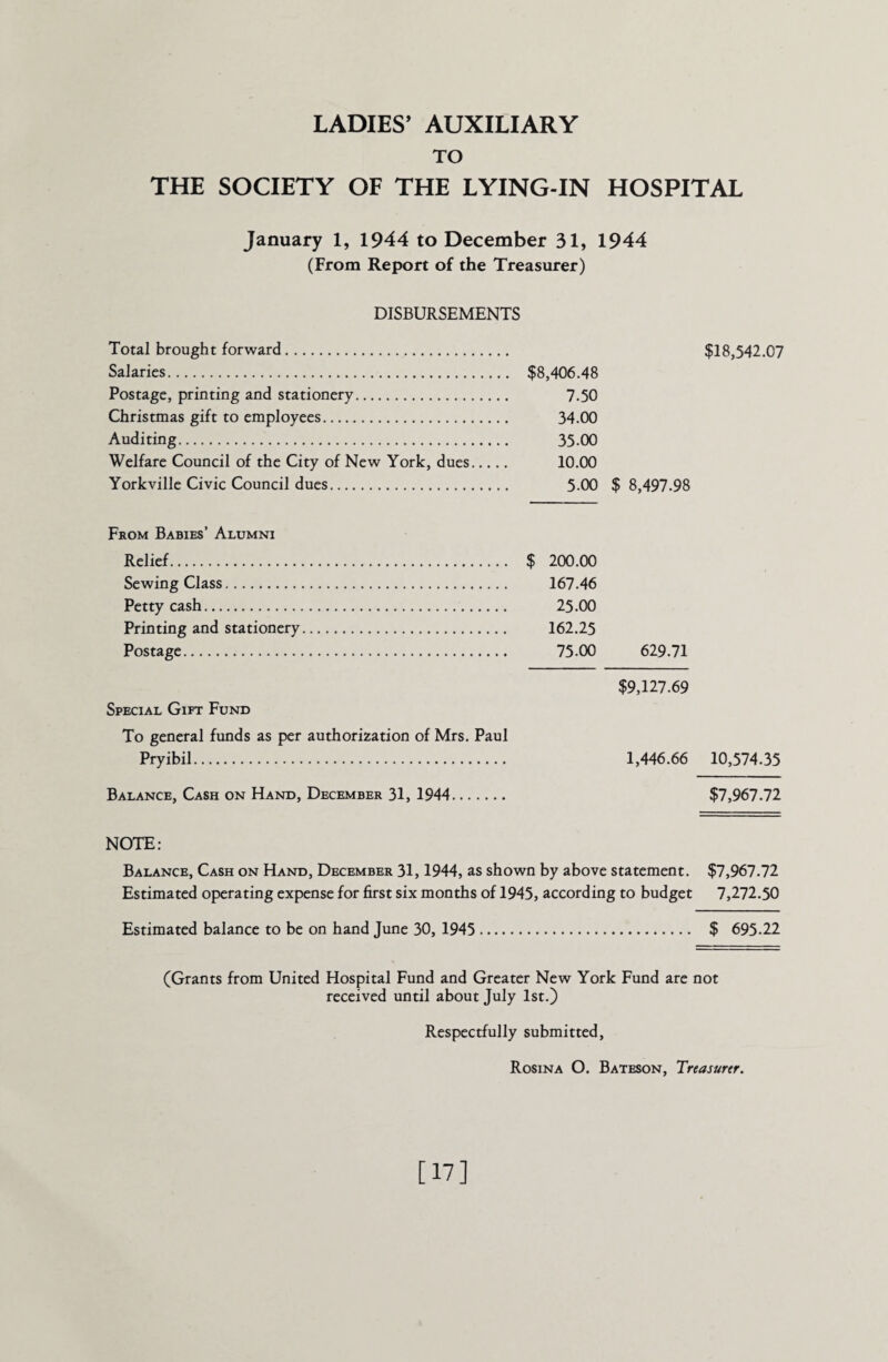 TO THE SOCIETY OF THE LYING-IN HOSPITAL January 1, 1944 to December 31, 1944 (From Report of the Treasurer) DISBURSEMENTS Total brought forward. Salaries. Postage, printing and stationery. Christmas gift to employees. Auditing. Welfare Council of the City of New York, dues Yorkville Civic Council dues. $18,542.07 $8,406.48 7.50 34.00 35-00 10.00 5-00 $ 8,497.98 From Babies’ Alumni Relief. Sewing Class. Petty cash. Printing and stationery Postage. $ 200.00 167.46 25.00 162.25 75.00 629.71 Special Gift Fund To general funds as per authorization of Mrs. Paul Pryibil. Balance, Cash on Hand, December 31, 1944. $9,127.69 1,446.66 10,574.35 $7,967.72 NOTE: Balance, Cash on Hand, December 31,1944, as shown by above statement. $7,967.72 Estimated operating expense for first six months of 1945, according to budget 7,272.50 Estimated balance to be on hand June 30, 1945. $ 695.22 (Grants from United Hospital Fund and Greater New York Fund are not received until about July 1st.) Respectfully submitted, Rosin a O. Bateson, Treasurer. [17]