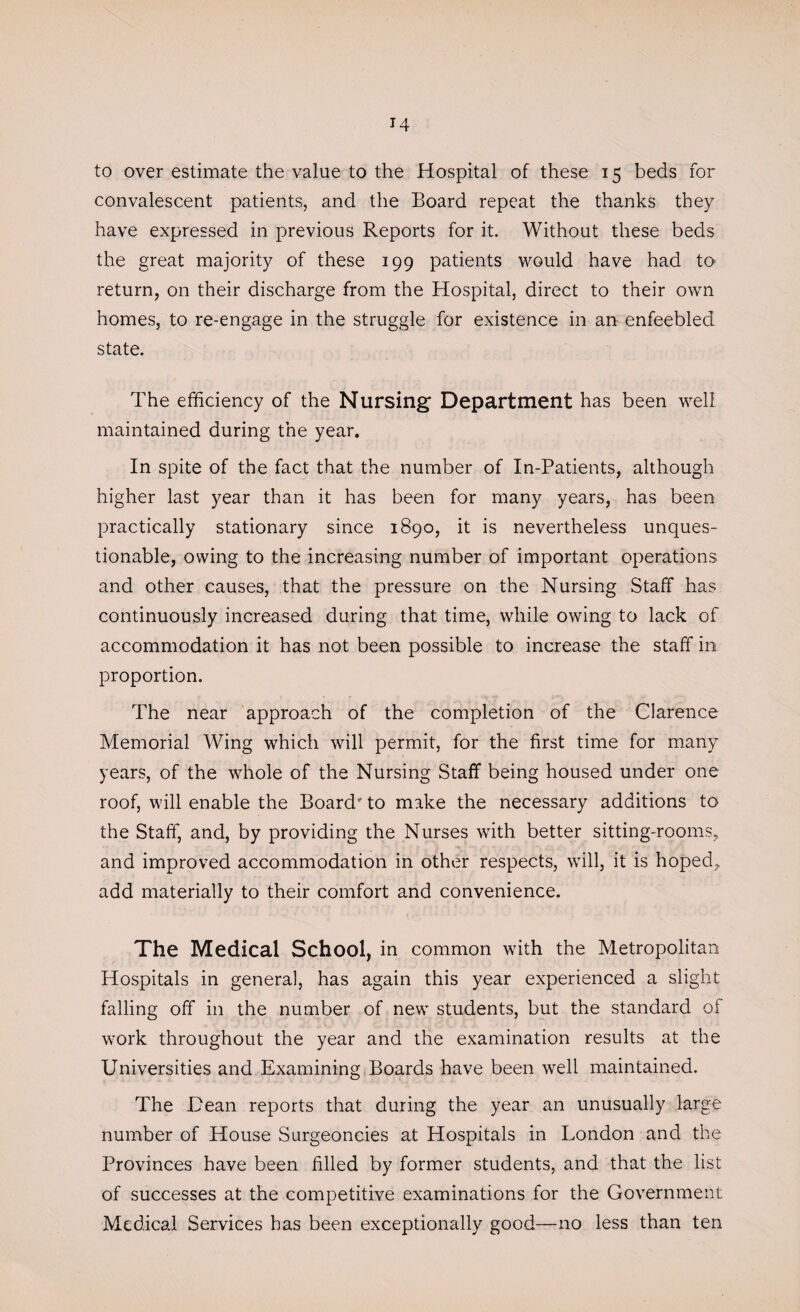 14 to over estimate the value to the Hospital of these 15 beds for convalescent patients, and the Board repeat the thanks they have expressed in previous Reports for it. Without these beds the great majority of these 199 patients would have had to return, on their discharge from the Hospital, direct to their own homes, to re-engage in the struggle for existence in an enfeebled state. The efficiency of the Nursing1 Department has been well maintained during the year. In spite of the fact that the number of In-Patients, although higher last year than it has been for many years, has been practically stationary since 1890, it is nevertheless unques¬ tionable, owing to the increasing number of important operations and other causes, that the pressure on the Nursing Staff has continuously increased during that time, while owing to lack of accommodation it has not been possible to increase the staff in proportion. The near approach of the completion of the Clarence Memorial Wing which will permit, for the first time for many years, of the whole of the Nursing Staff being housed under one roof, will enable the Board' to make the necessary additions to the Staff, and, by providing the Nurses with better sitting-rooms, and improved accommodation in other respects, will, it is hoped, add materially to their comfort and convenience. The Medical School, in common with the Metropolitan Hospitals in general, has again this year experienced a slight falling off in the number of new students, but the standard of work throughout the year and the examination results at the Universities and Examining Boards have been well maintained. The Dean reports that during the year an unusually large number of House Surgeoncies at Plospitals in London and the Provinces have been filled by former students, and that the list of successes at the competitive examinations for the Government Medical Services has been exceptionally good—no less than ten