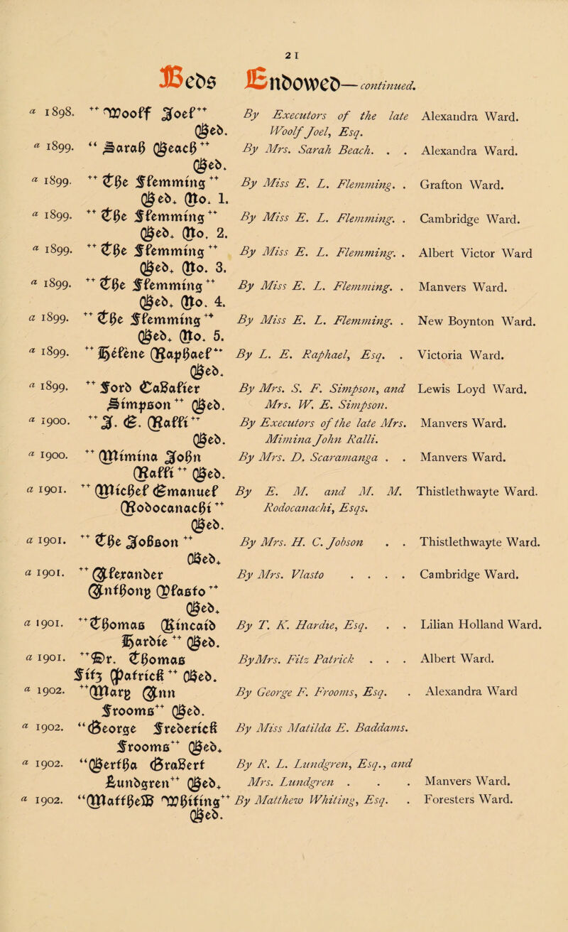 36 efts l£nt>owet>— continued.. * 1898. IQJooff 5foef ®eb. * 1899. “ .Sarcifl QgeetcP Q^eb. * 1899 ** 5tf$e Stemming <§eb. (tto. 1. « 1899. ** itljc SPemmtiig ** $eb. (Jto. 2. « 1899. ” <fl}e Sfemmtng ** (§eb. (tto. 3. » 1899. (tpe Sfcmmtug  Q§eb. (tto. 4. a 1899. ” ^(Jc SPemmmg ** <®eb. (tto. 5. a 1899.  fefene (Hajjgaef*- ®eb. a 1899. Sorb taSJafier .Simpson ** Qgeb. “1900. *'£. <g. (Raffi QSeb. a 1900. ++ (Jtttmtna 3fo0n ®«m++ ®eb. a 1901. r+ QJUcfJef (Bmanuef (Kobocanacflt *+ Q$eb. a 1901. ?0e 3o6fion ++ 06eb+ a 1901. ++($fe*cmber @nf0ong Q?faBfoT+ ®eb+ « 1901. t+^0omaB Q&tncatb garble ++ a 1901. +*©t\ £0omafi Stf3 $afndT+ 0$eb. a 1902. ++(gtarg ®nn Srooms++ 0eb. a 1902. “(Beorge SrebertcS SroomB++ Q§eb* * 1902. uQ5erf0a (BraBerf ^unb0ren++ Q§eb+ * 1902. “Qfttaff0e^ Qgeb. By Executors of the late Alexandra Ward. Woolf Joel, iLy. Ay Mrs. Sarah Beach. . . Alexandra Ward. By Miss E. L. Flemming. . Grafton Ward. By Miss E. L. Flemming. . Cambridge Ward. By Miss E. L. Flemming. . Albert Victor Ward By Miss E. L. Flemming. . Manvers Ward. By Miss E. L. Flemming. . New Boynton Ward. By L. E. Raphael, Esq. . Victoria Ward. By Mrs. S. F. Simpson, and Lewis Loyd Ward. Mrs. W, E. Simpson. By Executors of the late Firs. Manvers Ward. Mimina John Ralli. By Mrs. D. Scaramanga . . Manvers Ward. By E. M. and M. M. Thistlethwayte Ward. Rodocanachi, Esqs. By Mrs. H. C. Jobson . . Thistlethwayte Ward. By Mrs. Vlasto .... Cambridge Ward. By T. K. Hardie, Esq. . . Lilian Holland Ward. By Mrs. Fitz Patrick . . . Albert Ward. By George F. Brooms, Esq. . Alexandra Ward By Bliss Blatilda E. Baddams. By R. L. Lundgren, Esq., and Mrs. Lundgren . . . Manvers Ward. By Matthew Whiting, Esq. . Foresters Ward.