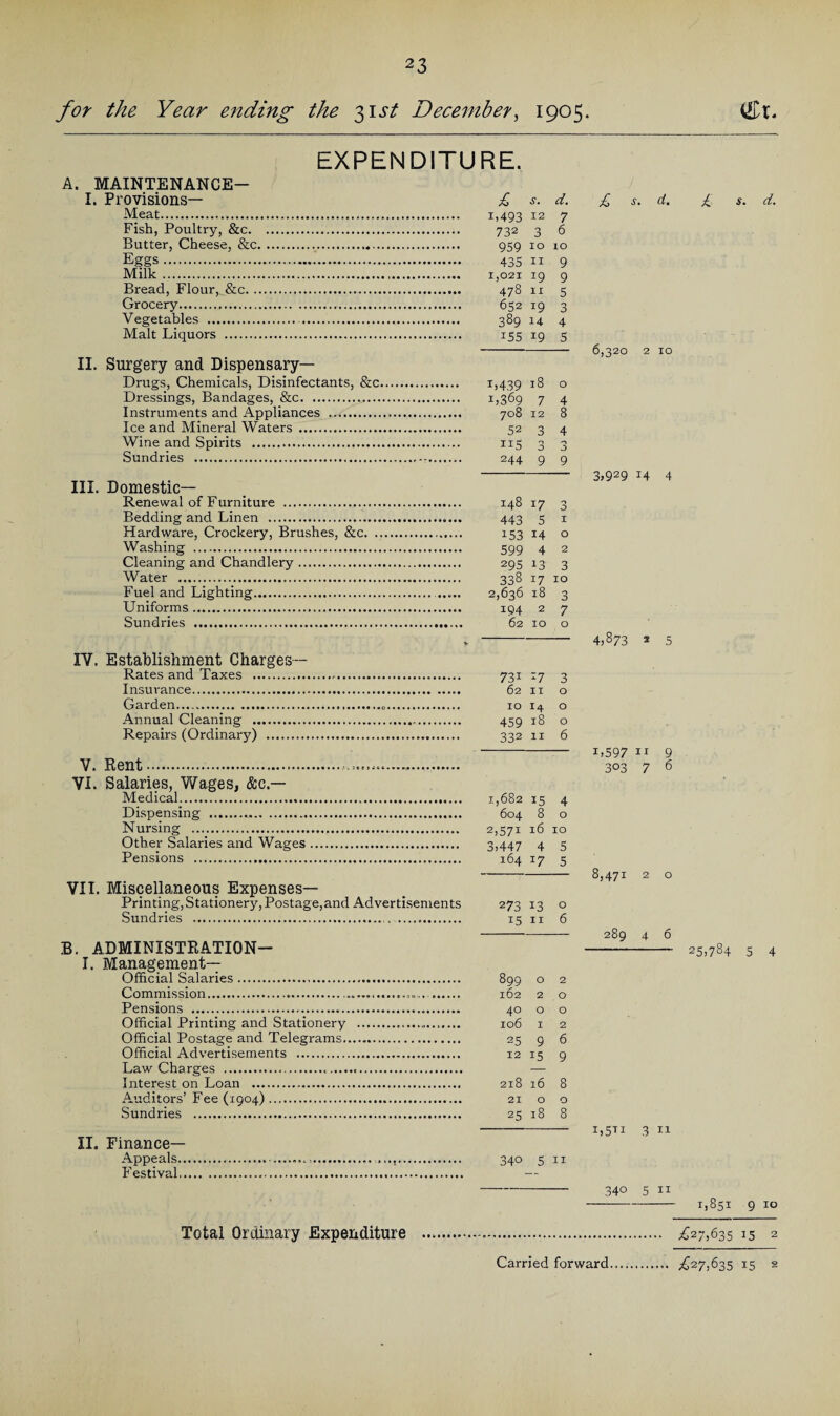 for the Year ending the 31 st December, 1905. <£t. EXPENDITURE. A. MAINTENANCE— I. Provisions— £ s. d. Meat. i)493 12 7 Fish, Poultry, &c. 732 3 6 Butter, Cheese, &c. 959 10 10 Eggs. 435 11 9 Milk. 1,021 19 9 Bread, Flour,Jkc. 478 11 5 Grocery. 652 19 3 Vegetables . 389 14 4 Malt Liquors . 155 19 5 II. Surgery and Dispensary- Drugs, Chemicals, Disinfectants, &c. 1,439 18 o Dressings, Bandages, &c. 1,369 7 4 Instruments and Appliances . 708 12 8 Ice and Mineral Waters . 52 3 4 Wine and Spirits . 115 3 3 Sundries . 244 9 9 III. Domestic- Renewal of Furniture . 148 17 3 Bedding and Linen . 443 5 1 Hardware, Crockery, Brushes, &c. 153 14 o Washing . 599 4 2 Cleaning and Chandlery. 295 13 3 Water . 338 17 10 Fuel and Lighting. ..... 2,636 18 3 Uniforms. 194 2 7 Sundries . 62 10 o IV. Establishment Charges— Rates and Taxes .-. 731 17 3 Insurance. 62 11 o Garden. 10 14 o Annual Cleaning . 459 18 o Repairs (Ordinary) . 332 11 6 V. Rent... VI. Salaries, Wages, &c.— Medical. 1,682 15 4 Dispensing . 604 8 o Nursing . 2,571 16 10 Other Salaries and Wages. 3,447 4 5 Pensions . 164 17 5 VII. Miscellaneous Expenses— Printing, Stationery, Postage,and Advertisements 273 13 o Sundries ... 15 11 6 B. ADMINISTRATION— I. Management- Official Salaries. 899 o 2 Commission. 162 2 o Pensions . 40 o o Official Printing and Stationery . 106 1 2 Official Postage and Telegrams... 25 9 6 Official Advertisements . 12 15 9 Law Charges ..... — Interest on Loan . 218 16 8 Auditors’Fee (1904). 21 o o Sundries . 25 18 8 II. Finance- Appeals...... 340 5 11 Festival. — £ s. d. £ s. d. 6,320 2 10 3,929 i4 4 4,873 2 5 1,597 11 9 303 7 6 8,471 2 o 289 4 6 - 25,784 5 4 L5Ti 3 11 340 5 11 -1,851 9 10 £27,635 15 2 Total Ordinary Expenditure