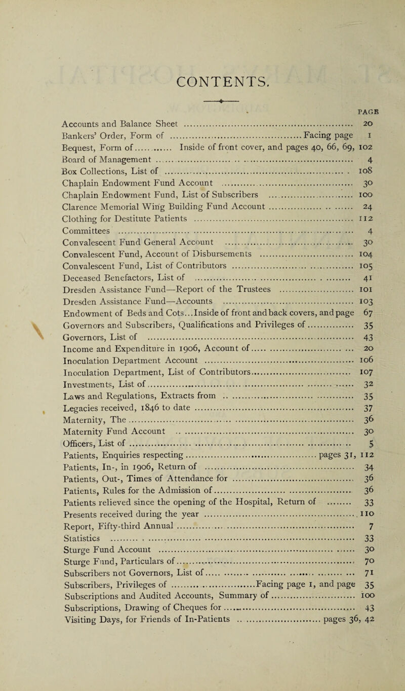 CONTENTS. PAGE Accounts and Balance Sheet . 20 Bankers5 Order, Form of .Facing page 1 Bequest, Form of. . Inside of front cover, and pages 40, 66, 69, 102 Board of Management . 4 Box Collections, List of ..... 108 Chaplain Endowment Fund Account . 30 Chaplain Endowment Fund, List of Subscribers .. 100 Clarence Memorial Wing Building Fund Account . 24 Clothing for Destitute Patients . 112 Committees . 4 Convalescent Fund General Account .. 30 Convalescent Fund, Account of Disbursements . 104 Convalescent Fund, List of Contributors ... 105 Deceased Benefactors, List of .. 41 Dresden Assistance Fund—Report of the Trustees . 101 Dresden Assistance Fund—Accounts ... 103 Endowment of Beds and Cots... Inside of front and back covers, and page 67 Governors and Subscribers, Qualifications and Privileges of... 35 Governors, List of . 43 Income and Expenditure in 1906, Account of. 20 Inoculation Department Account . 106 Inoculation Department, List of Contributors. 107 Investments, List of. 32 Laws and Regulations, Extracts from . 35 Legacies received, 1846 to date . 37 Maternity, The. 36 Maternity Fund Account . 30 Officers, List of . 5 Patients, Enquiries respecting.pages 31, 112 Patients, In-, in 1906, Return of . 34 Patients, Out-, Times of Attendance for . 36 Patients, Rules for the Admission of. 36 Patients relieved since the opening of the Hospital, Return of . 33 Presents received during the year .,110 Report, Fifty-third Annual . 7 Statistics . 33 Sturge Fund Account . 30 Sturge Fund, Particulars of.. 7° Subscribers not Governors, List of... 71 Subscribers, Privileges of . .Facing page I, and page 35 Subscriptions and Audited Accounts, Summary of. 100 Subscriptions, Drawing of Cheques for .. 43 Visiting Days, for Friends of In-Patients .pages 36, 42