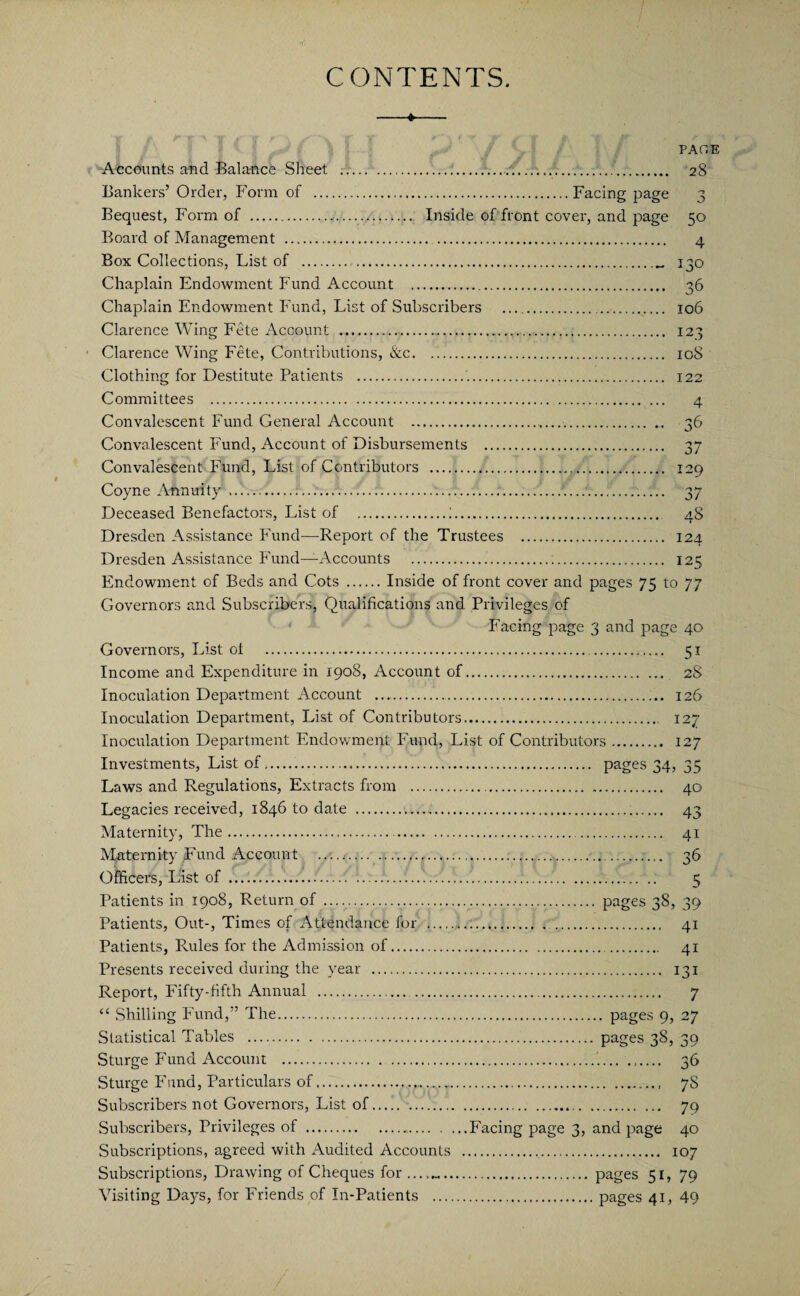 CONTENTS. PAGE Accounts and Balance Sheet ....... 28 Bankers’ Order, Form of .Facing page 3 Bequest, Form of .. Inside of front cover, and page 50 Board of Management .. 4 Box Collections, List of .. 130 Chaplain Endowment Fund Account .. 36 Chaplain Endowment Fund, List of Subscribers . 106 Clarence Wing Fete Account ...... 123 Clarence Wing Fete, Contributions, &c. 108 Clothing for Destitute Patients .'.. 122 Committees .. ... 4 Convalescent Fund General Account ..... ^6 Convalescent Fund, Account of Disbursements . 37 Convalescent Fund, List of Contributors . 129 Coyne Annuity ..... 37 Deceased Benefactors, List of .!. 48 Dresden Assistance Fund—Report of the Trustees . 124 Dresden Assistance Fund—Accounts .;. 125 Endowment of Beds and Cots .Inside of front cover and pages 75 to 77 Governors and Subscribers, Qualifications and Privileges of Facing page 3 and page 40 Governors, List ot . 51 Income and Expenditure in 1908, Account of. 28 Inoculation Department Account . 126 Inoculation Department, List of Contributors. 127 Inoculation Department Endowment Fund, List of Contributors. 127 Investments, List of,. pages 34, 35 Laws and Regulations, Extracts from . 40 Legacies received, 1846 to date ... 43 Maternity, The. 41 Maternity Fund Account .;.. 36 Officers, List of .... ... 5 Patients in 1908, Return of .... pages 38, 39 Patients, Out-, Times of Attendance for ... 41 Patients, Rules for the Admission of. 41 Presents received during the year . 131 Report, Fifty-fifth Annual . .. 7 “ Shilling Fund,” The. pages 9, 27 Statistical Tables .. pages 38, 39 Sturge Fund Account . 36 Sturge Fund, Particulars of. 7S Subscribers not Governors, List of. .. 79 Subscribers, Privileges of.Facing page 3, and page 40 Subscriptions, agreed with Audited Accounts ... 107 Subscriptions, Drawing of Cheques for . pages 51, 79 Visiting Days, for Friends of In-Patients .pages 41, 49