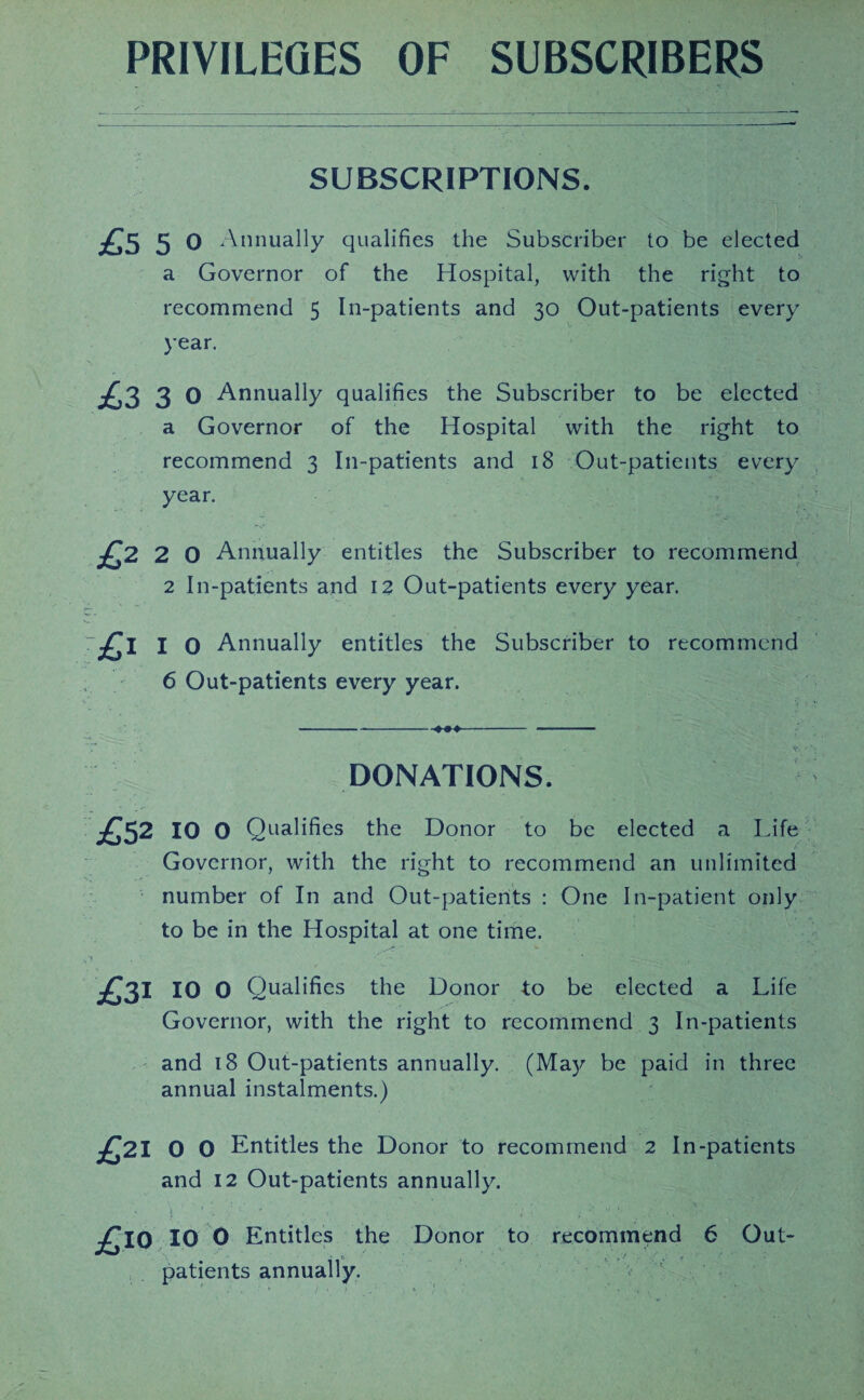 PRIVILEGES OF SUBSCRIBERS SUBSCRIPTIONS. £5 5 o Annually qualifies the Subscriber to be elected a Governor of the Hospital, with the right to recommend 5 In-patients and 30 Out-patients every year. £3 3 O Annually qualifies the Subscriber to be elected a Governor of the Hospital with the right to recommend 3 In-patients and 18 Out-patients every year. £2 2 0 Annually entitles the Subscriber to recommend 2 In-patients and 12 Out-patients every year. £1 1 0 Annually entitles the Subscriber to recommend 6 Out-patients every year. DONATIONS. £52 10 0 Qualifies the Donor to be elected a Life Governor, with the right to recommend an unlimited number of In and Out-patients : One In-patient only to be in the Hospital at one time. £31 10 0 Qualifies the Donor to be elected a Life Governor, with the right to recommend 3 In-patients and 18 Out-patients annually. (Majr be paid in three annual instalments.) £21 0 o Entitles the Donor to recommend 2 In-patients and 12 Out-patients annually. . 4 ' * •/ ■ > v ; & , \ h A • ' £10 10 0 Entitles the Donor to recommend 6 Out¬ patients annually.