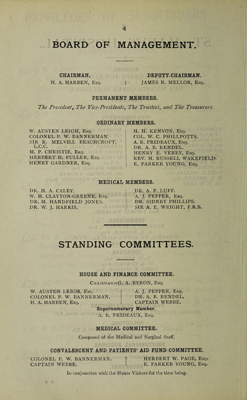 4 BOARD OF MANAGEMENT. CHAIRMAN. H. A. HARBEN, Esq. DEPUTY-CHAIRMAN. JAMES R. MEL LOR, Esq. PERMANENT MEMBERS. The President, The Vice-Presidents, The Trustees, and The Treasurers ORDINARY W. AUSTEN LEIGH, Esq. COLONEL P. W. BANNERMAN. SIR R. MELVILL BEACHCROFT, L.C.C. M. P. CHRISTIE, Esq. HERBERT H. FULLER, Esq. HENRY GARDNER, Esq. MEMBERS. H. H. KENYON, Esq. COL. W. C. PHILLPOTTS. A. R. PRIDEAUX, Esq. DR. A. B. RENDEL. HENRY E. VEREY, Esq. REV. H. RUSSELL WAKEFIELD.. E. PARKER YOUNG, Esq. MEDICAL MEMBERS. DR. IL. A. CALEY. \V. H. CLAYTON-GREENE, Esq. DR. M. HANDFIELD JONES. DR. W. J. HARRIS. DR. A. P. LUFF. A. J. PEPPER, Esq. DR. SIDNEY PHILLIPS. SIR A. E. WRIGHT, F.R.S-, STANDING COMMITTEES. HOUSE AND FINANCE COMMITTEE. Chairman—G. A. BYRON, Esq. W. AUSTE-N LEIGH, Esq. COLONEL P. W. BANNERMAN. H. A. HARBEN, Esq. A. J. PEPPER, Esq, DR. A. B. RENDEL. CAPTAIN WEBBE. Supernumerary Member. A. R. PRIDEAUX, Esq. MEDICAL COMMITTEE. Composed of the Medical and Surgical Staff. CONVALESCENT AND PATIENTS’ AID FUND COMMITTEE. COLONEL P. W. BANNERMAN. HERBERT W. PAGE, Esqv CAPTAIN WEBBE. E. PARKER YOUNG, Esq. In conjunction with the House Visitors for the time being.