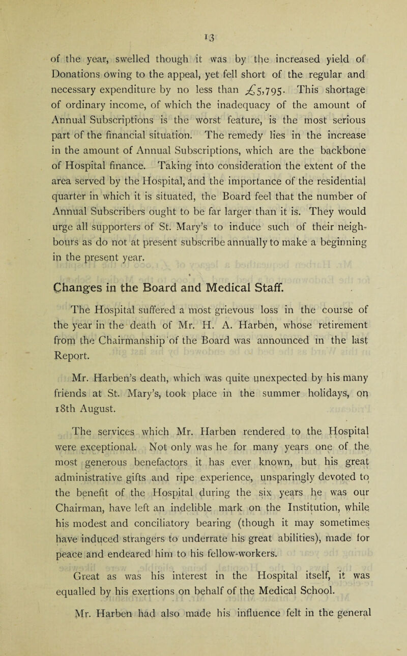 of the year, swelled though it was by tfie increased yield of Donations owing to the appeal, yet fell short of the regular and necessary expenditure by no less than ,£5,795. This shortage of ordinary income, of which the inadequacy of the amount of Annual Subscriptions is the worst feature, is the most serious part of the financial situation. The remedy lies in the increase in the amount of Annual Subscriptions, which are the backbone of Hospital finance. Taking into consideration the extent of the area served by the Hospital, and the importance of the residential quarter in which it is situated, the Board feel that the number of Annual Subscribers ought to be far larger than it is. They would urge all supporters of St. Mary’s to induce such of their neigh¬ bours as do not at present subscribe annually to make a beginning in the present year. Changes in the Board and Medical Staff. The Hospital suffered a most grievous loss in the course of the year in the death of Mr. H. A. Harben, whose retirement from the Chairmanship of the Board was announced in the last Report. Mr. Harben’s death, which was quite unexpected by his many friends at St. Mary’s, took place in the summer holidays, on j 8th August. The services which Mr. Harben rendered to the Hospital were exceptional. Not only was he for many years one of the most generous benefactors it has ever known, but his great administrative gifts and ripe experience, unsparingly devoted to the benefit of the Hospital during the six yegrs fie was our Chairman, have left an indelible mark on the Institution, while his modest and conciliatory bearing (though it may sometimes have induced strangers to underrate his great abilities), made lor peace and endeared him to his fellow-workers. Great as was his interest in the Hospital itself, it was equalled by his exertions on behalf of the Medical School. Mr. Harben had also made his influence felt in the general