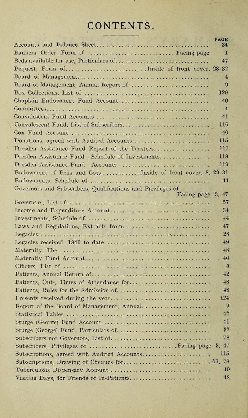 CONTENTS PAGE Accounts and Balance Sheet. 34 Bankers’ Order, Form of.Facing page 1 Beds available for use, Particulars of .... 47 Bequest, Form of.Inside of front cover, 28-32 Board of Management. 4 Board of Management, Annual Report of. 9 Box Collections, List of. 120 Chaplain Endowment Fund Account.. 40 Committees.,. .. ... .. ... 4 Convalescent Fund Accounts. 41 Convalescent Fund, List of Subscribers. 116 Cox Fund Account . 40 Donations, agreed with Audited Accounts . .. 115 Dresden Assistance Fund Report of the Trustees... 117 Dresden Assistance Fund—Schedule of Investments. 118 Dresden Assistance Fund—Accounts . 119 Endowment of Beds and Cots.Inside of front cover, 8, 29-31 Endowments, Schedule of. 44 Governors and Subscribers, Qualifications and Privileges of Facing page 3, 47 Governors, List of. 57 Income and Expenditure Account.*. 34 Investments, Schedule of. 44 Laws and Regulations, Extracts from. 47 Legacies. 28 Legacies received, 1846 to date. 49 Maternity, The. 48 Maternity Fund Account. 40 Officers, List of. 5 Patients, Annual Return of. 42 Patients, Out-, Times of Attendance for. 48 Patients, Rules for the Admission of. 48 Presents received during the year. 124 Report of the Board of Management, Annual.. 9 Statistical Tables. 42 Sturge (George) Fund Account. 41 Sturge (George) Fund, Particulars of. 32 Subscribers not Governors, List of. 78 Subscribers, Privileges of.Facing page 3, 47 Subscriptions, agreed with Audited Accounts. 115 Subscriptions, Drawing of Cheques for.57, 78 Tuberculosis Dispensary Account. 40 Visiting Days, for Friends of In-Patients. 48