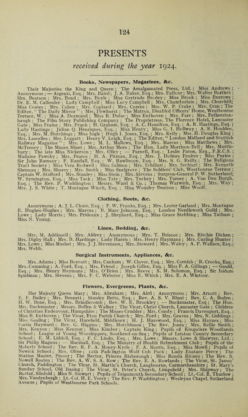 PRESENTS received during the year 1924. Books, Newspapers, Magazines, &c. Their Majesties the King and Queen ; The Amalgamated Press, Ltd. ; Miss Andrews ; Anonymous; — Argenti, Esq.; Mrs.Baird; J. A. Baker, Esq.; Mrs. Balfour ; Mrs. Walter Bartlett; Mrs. Beatson ; Mrs. Bond ; Mrs. Boyle ; Miss Gertrude Brcdey ; Miss Brook ; Miss Burrows ; Dr. E. M. Callender ; Lady Camptell ; Miss Lucy Campbell ; Mrs. Chamberlain ; Mrs. Churchill; Miss Coates ; Mrs. Cohen ; Mrs. Copland ; Mrs. Cozens ; Mrs. W. P. Crake ; Mrs. Cran ; The Editor, “ The Daily Mirror ” ; Mrs. Dewhurst ; The Matron, Disabled Officers’ Home, Westbourne Terrace, W. ; Miss A. Dormand ; Miss R. Dulac ; Miss Enthoven ; Mrs. Farr ; Mrs. Fetherston- haugh ; The Film Story Publishing Company ; The Proprietress, The Florence Hotel, Lancaster Gate; Miss Fraine ; Mrs. Frank; H. Graham, Esq. ; A. C. Hamilton, Esq. ; A. R. Hastings, Esq.; Lady Hastings ; Julian Q. Henriques, Esq. ; Miss Henty ; Miss G. I. Hollway ; A. S. Houlden, Esq.; Mrs. M. Hutchings ; Miss Ingle ; Hugh I. Jones, Esq. ; Mrs. Kelly ; Mrs. H. Douglas King ; Mrs. Lascelles ; Mrs. Leggatt ; Henry V. Leigh, Esq. ; The Editor, “ London Midland and Scottish Railway Magazine ” ; Mrs. Lowe ; M. L. Mallows, Esq. ; Mrs. Marcus ; Miss Matthews ; Mrs. McTerne}7 ; The Misses Minet ; Mrs. Arthur Moro ; The Hon. Lady Morrison-Bell; Mrs. Muttle- bury ; The late Miss Nickerson; Mrs. Olley ; — Parnell, Esq.; Leslie Paton, Esq., F.R.C.S. ; Madame Pawsky ; Mrs. Pearce; H. A. Pitman, Esq.; Mrs. J. Plolmes Poulter ; Miss Purine; Sir John Ramsay; F. Randall, Esq.; W. Rawlinson, Esq.; Mrs. S. G. Reilly; The Religious Tract Society ; Miss Vera Rcdwell ; Miss Salmon ; Mrs. Schilizzi ; Mrs. Sechiari ; Mrs. Kenneth Shennan ; Mrs. Shurey ; Mrs. Smith ; Miss Snelgrove ; The Soldiers’ Club, Westbourne Terrace ; Captain W. Stafford ; Mrs. Stanley ; Miss Stein ; Mrs. Stevens ; Surgeon-General P. W. Sutherland; W. Symington, Esq. ; Miss Tack ; Miss Tate ; Mrs. Tuckey ; Mrs. Turner ; A. Van Den Burgh, Esq.; The Rev. P. Waddington ; Messrs. Ward & Co.; Thomas Warwick, Esq.; Mrs. Way; Mrs. J. S. White ; T. Montague Winch, Esq. ; Miss Wonsley Benison ; Miss Woolf. Clothing, Boots, &c. Anonymous; A. J. L. Chute, Esq. ; F. W. Franks, Esq. ; Mrs. Lester Garland ; Mrs. Montague E. Hughes-Hughes ; Mrs. Marcus ; B. Marr-Johnson, Esq. ; London Needlework Guild ; Mrs. Lowe ; Lady Morris ; Mrs. Prideaux ; J. Shepherd, Esq.; Miss Grace Stebbing ; Miss Tatham ; Miss N. Young. Linen, Bedding, &c. Mrs. M. Addinsell; Mrs. Aldrey ; Anonymous; Mrs. T. Briscoe; Mrs. Ritchie Dicken ; Mrs. Digby Hall; Mrs. B. Hardinge ; Lady Harris ; Mrs. Henry Haymans ; Mrs. Curling Hunter ; Mrs.Lowe; Miss Mushet ; Mrs. J. J. Stevenson,; Mrs.Steward; Mrs.Waley; A. F. Wallace, Esq.; Mrs. Webb. Surgical Instruments, Appliances, &c. Mrs. Adams; Miss Boycott ; Mrs.Canham; W. Clover, Esq. ; Mrs. Cornish; R. Crooks, Esq.; Mrs.Cumming; A. Ford, Esq. ; Mrs. Friend; Joseph Gillen, Esq. ; Miss F. A. Gillings ; —Gould, Esq.; Mrs. Henry Haymans; Mrs. O’Brien; Mrs. Reeve; S. M. Solomon, Esq.; Sir Isidore Spielman ; Mrs. Stevens ; Mrs. F. C. Webster ; Miss E. Whish ; Mrs. E. A. Wintour. Flowers, Evergreens, Plants, &c. Her Majesty Queen Mary ; Mrs. Abraham ; Mrs. Aird ; Anonymous ; Mrs. Arnott ; Rev. E. F. Bailey ; Mrs. Bennett ; Stanley Betts, Esq. ; Rev. A. S. V. Blunt ; Rev. C. A. Boden ; H. W. Bone, Esq. ; Mrs. Brindlecomb ; Rev. W. E. Brookley ; — Buckmaster, Esq ; The Hon. Mrs. Buckmaster ; Messrs. Bullen & Walker ; The Vicar, Christ Church, Lancaster Gate ; Children of Christian Endeavour, Hampshire ; The Misses Crudder ; Mrs. Cundy ; Francis Davenport, Esq. ; Miss B. Enthoven ; The Vicar, Eton Parish Church ; Mrs. Ford ; Mrs. Geaves ; Mrs. N. Giddings ; Miss Gosling; The Vicar, Harefield, Middlesex; H. J. Harewood, Esq.; Miss Haynes; Miss Curtis Hayward; Rev. G. Higgins; Mrs. Hutchinson; The Rev. Jones; Mrs. Kellie Smith; Mrs. Kenyon ; Miss Kenyon ; Miss Kimber ; Captain King ; Pupils of Kingsclere Woodlands School; League of Young Worshippers, Southend-on-Sea ; Pupils of Leiston County Secondary School; E. M. Liddell, Esq. ; F. C. Lindo, Esq. ; Mrs. Lowe ; Messrs. Lowe & Shawyer, Ltd. ; Sir Philip Magnus ; — Marshall, Esq. ; The Ministry of Health Refreshment Club ; Pupils of the Moberly School; The Rev. R. F. A. Money-Kyrle ; F. A. Morris, Esq. ; Miss Mowll; Pupils of Newick School; Mrs. Olive; 12th Padcington Wolf Cub Pack; Lady Eustace Percy; The Station Master, Pinner ; The Rector, Princes Risborough ; Miss Ronda Ricano ; The Rev. S. Nowell Rosten ; The Rev. A. W. S. A. Row ; The Rev. E. A. Rowlands ; The Vicar, St. James’ Church, Paddington ; The Vicar, St. Martin’s Church, Langbourne, Carmarthenshire ; St. Mary’s Sunday School, Old Basing; The Vicar, St. Peter’s Church, Limpsfield ; Mrs. Shipway; The Rector, Slinfold ; Miss N. Stewart ; Pupils of Teignmouth Secondary School; Lt.-Col. E. Thurlow ; Mrs. Vandenbergh ; Lt.-Col. H. E. Verey ; The Rev. P. Waddington ; Wesleyan Chapel, Sutherland Avenue ; Pupils of Westbourne Park Schools.