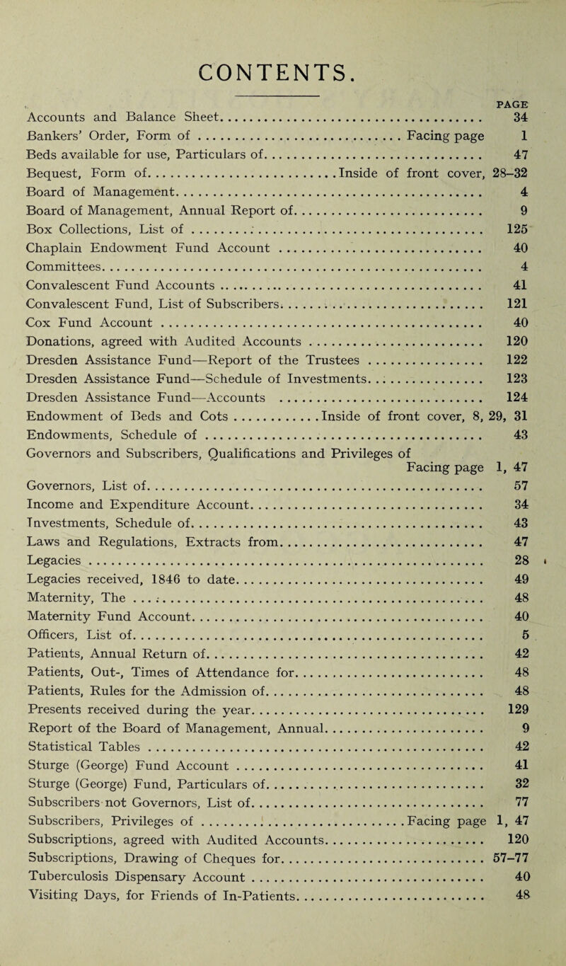 CONTENTS. PAGE Accounts and Balance Sheet. 34 Bankers’ Order, Form of.Facing page 1 Beds available for use, Particulars of. 47 Bequest, Form of.Inside of front cover, 28-32 Board of Management. 4 Board of Management, Annual Report of. 9 Box Collections, List of.;. 125 Chaplain Endowment Fund Account . 40 Committees. 4 Convalescent Fund Accounts. 41 Convalescent Fund, List of Subscribers;... 121 Cox Fund Account. 40 Donations, agreed with Audited Accounts. 120 Dresden Assistance Fund—Report of the Trustees. 122 Dresden Assistance Fund—Schedule of Investments. ... 123 Dresden Assistance Fund—Accounts . 124 Endowment of Beds and Cots.Inside of front cover, 8, 29, 31 Endowments, Schedule of. 43 Governors and Subscribers, Qualifications and Privileges of Facing page 1, 47 Governors, List of. 57 Income and Expenditure Account. 34 Investments, Schedule of. 43 Laws and Regulations, Extracts from. 47 Legacies. 28 Legacies received, 1846 to date. 49 Maternitv, The . .. . 48 Maternity Fund Account. 40 Officers, List of. 5 Patients, Annual Return of. 42 Patients, Out-, Times of Attendance for. 48 Patients, Rules for the Admission of. 48 Presents received during the year. 129 Report of the Board of Management, Annual. 9 Statistical Tables. 42 Sturge (George) Fund Account. 41 Sturge (George) Fund, Particulars of. 32 Subscribers not Governors, List of. 77 Subscribers, Privileges of.Facing page 1, 47 Subscriptions, agreed with Audited Accounts. 120 Subscriptions, Drawing of Cheques for. 57-77 Tuberculosis Dispensary Account. 40 Visiting Days, for Friends of In-Patients. 48