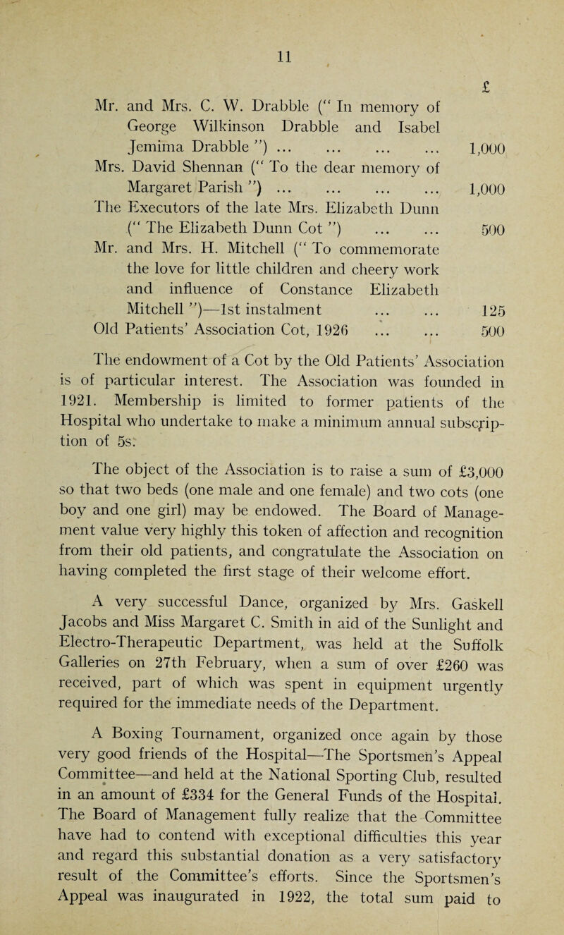 £ Mr. and Mrs. C. W. Drabble (“ In memory of George Wilkinson Drabble and Isabel Jemima Drabble ”). 1,000 Mrs. David Shennan (“ To the dear memory of Margaret Parish ”). 1,000 The Executors of the late Mrs. Elizabeth Dunn .(“ The Elizabeth Dunn Cot ”) ... ... 500 Mr. and Mrs. H. Mitchell (To commemorate the love for little children and cheery work and influence of Constance Elizabeth Mitchell ”)—1st instalment 125 Old Patients’ Association Cot, 1926 ... ... 500 The endowment of a Cot by the Old Patients’ Association is of particular interest. The Association was founded in 1921. Membership is limited to former patients of the Hospital who undertake to make a minimum annual subscrip¬ tion of 5s. The object of the Association is to raise a sum of £3,000 so that two beds (one male and one female) and two cots (one boy and one girl) may be endowed. The Board of Manage¬ ment value very highly this token of affection and recognition from their old patients, and congratulate the Association on having completed the first stage of their welcome effort. A very successful Dance, organized by Mrs. Gaskell Jacobs and Miss Margaret C. Smith in aid of the Sunlight and Electro-Therapeutic Department, was held at the Suffolk Galleries on 27th February, when a sum of over £260 was received, part of which was spent in equipment urgently required for the immediate needs of the Department. A Boxing Tournament, organized once again by those very good friends of the Hospital—The Sportsmen’s Appeal Committee—and held at the National Sporting Club, resulted in an amount of £334 for the General Funds of the Hospital. The Board of Management fully realize that the Committee have had to contend with exceptional difficulties this year and regard this substantial donation as a very satisfactory result of the Committee’s efforts. Since the Sportsmen’s Appeal was inaugurated in 1922, the total sum paid to