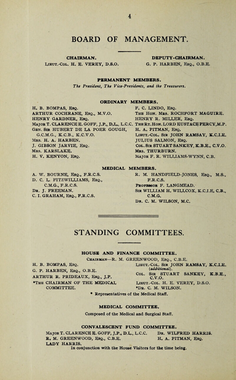 BOARD OF MANAGEMENT. CHAIRMAN. Lieut.-Col. H. E. VEREY, D.S.O. DEPUTY-CHAIRMAN. G. P. HARBEN, ESQ., O.B.E. PERMANENT MEMBERS. The President, The Vice-Presidents, and the Treasurers. ORDINARY MEMBERS. H. B. BOMPAS, Esq. F. C. EINDO, Esq. ARTHUR COCHRANE, Esq., M.V.O. HENRY GARDNER, Esq. Major T. CLARENCE E. GOFF, J.P., D.L., L.C. Gen. Sir HUBERT DE LA POER GOUGH, G.C.M.G., K.C.B., K.C.V.O. Mrs. H. A. HARBEN. J. GIBSON JAR VIE, Esq. Mrs. KARSEAKE. H. V. KENYON, Esq. MEDICAL A. W. BOURNE, Esq., F.R.C.S. D. C. E. FITZWIEEIAMS, Esq., C.M.G., F.R.C.S. Dr. J. FREEMAN. C. I. GRAHAM, ESQ., F.R.C.S. The Hon. Mrs. ROCHFORT MAGUIRE. HENRY R. MILLER, Esq. The Rt.Hon. LORD EUSTACE PERCY,M.P. H. A. PITMAN, Esq. Lieut.-Col. Sir JOHN RAMSAY, K.C.I.E. JULIUS SALMON, Esq. Col. Sir STUART SANKEY, K.B.E., C.V.O. Mrs. THURBURN. Major F. R. WILLIAMS-WYNN, C.B. MEMBERS. R. M. HANDFIELD-JONES, Esq., M.S., F.R.C.S. Professor F. LANGMEAD. Sir WILLIAM H. WILLCOX, K.C.I.E, C.B., C.M.G. Dr. C. M. WILSON, M.C. STANDING COMMITTEES. HOUSE AND FINANCE COMMITTEE. Chairman—R. M. GREENWOOD, Esq., C.B.E. H. B. BOMPAS, Esq. G. P. HARBEN, Esq., O.B.E. ARTHUR R. PRIDEAUX, ESQ., J.P. •The CHAIRMAN OF THE MEDICAL COMMITTEE. • Representatives Lieut.-Col. Sir JOHN RAMSAY, K.C.I.E. (additional). Col. Sir STUART SANKEY, K.B.E., C.V.O. Lieut.-Col. H. E. VEREY, D.S.O. •Dr. C. M. WILSON, the Medical Staff. MEDICAL COMMITTEE. Composed of the Medical and Surgical Staff. CONVALESCENT FUND COMMITTEE. Major T. CLARENCE E. GOFF, J.P., D.L., L.C.C. Dr. WILFRED HARRIS. R. M. GREENWOOD, Esq., C.B.E. H. A. PITMAN, Esq. LADY HARRIS. In conjunction with the House Visitors for the time being.