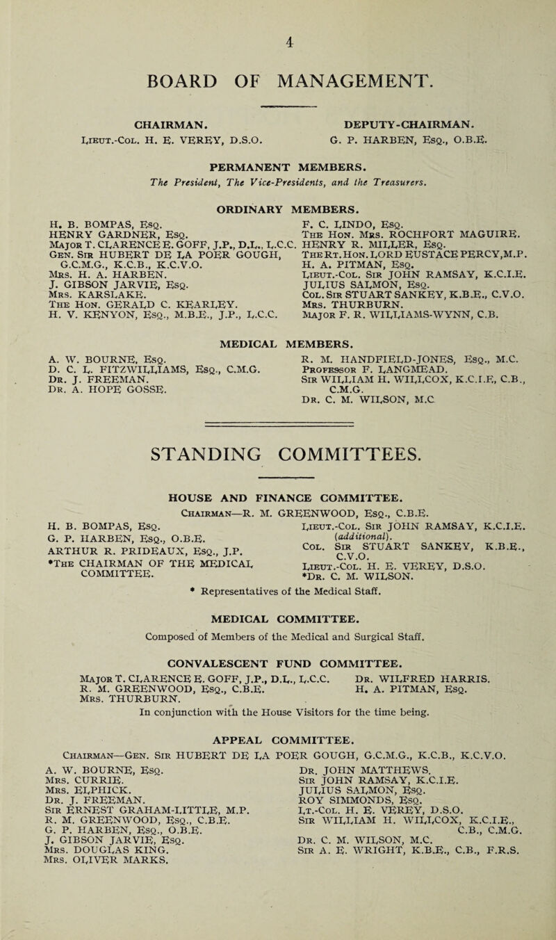 4 BOARD OF MANAGEMENT. CHAIRMAN. DEPUTY-CHAIRMAN. Lieut.-Col. H. E. VEREY, D.S.O. G. P. HARBEN, Esq., O.B.E. PERMANENT MEMBERS. The President, The Vice-Presidents, and the Treasurers. ORDINARY MEMBERS. H. B. BOMPAS, Esq. F. C. UNDO, Esq. HENRY GARDNER, Esq. The Hon. Mrs. ROCHFORT MAGUIRE. Major T. CLARENCE E. GOFF, J.P., D.L., L.C Gen. Sir HUBERT DE LA POER GOUGH, G.C.M.G., K.C.B., K.C.V.O. Mrs. H. A. HARBEN. J. GIBSON JARVIE, Esq. Mrs. KARSLAKPL The Hon. GERALD C. KEARLEY. H. V. KENYON, ESQ., M.B.E., J.p., L.C.C. MEDICAL A. W. BOURNE, Esq. D. C. L. FITZWILLIAMS, Esq., C.M.G. Dr. J. FREEMAN. Dr. A. HOPE GOSSE. .C. HENRY R. MILLER, Esq. The Rt.Hon. LORD EUSTACE PERCY,M.P. H. A. PITMAN, Esq. Lieut.-Col. Sir JOHN RAMSAY, K.C.I.E. JULIUS SALMON, Esq. Col. Sir STUART SANKEY, K.B.E., C.V.O. Mrs. THURBURN. Major F. R. WILLIAMS-WYNN, C.B. MEMBERS. R. M. H AND FIELD-JONES, Esq., M.C. Professor F. LANGMEAD. Sir WILLIAM H. WILLCOX, K.C.I.p;, C.B., C.M.G. Dr. C. M. WILSON, M.C STANDING COMMITTEES. HOUSE AND FINANCE COMMITTEE. Chairman—R. M. GREENWOOD, Esq., C.B.E. H. B. BOMPAS, Esq. G. P. HARBEN, Esq., O.B.E. ARTHUR R. PRIDEAUX, ESQ., J.P. •The CHAIRMAN OF THE MEDICAL COMMITTEE. Lieut.-Col. Sir JOHN RAMSAY, K.C.I.E. (additional). Col. Sir STUART SANKEY, K.B.E., C.V.O. Lieut.-Col. H. E. VEREY, D.S.O. •Dr. C. M. WILSON. • Representatives of the Medical Staff. MEDICAL COMMITTEE. Composed of Members of the Medical and Surgical .Staff. CONVALESCENT FUND COMMITTEE. Major T. CLARENCE E. GOFF, J.P., D.L., L.C.C. Dr. WILFRED HARRIS. R. M. GREENWOOD, ESQ., C.B.E. H. A. PITMAN, ESQ. Mrs. THURBURN. In conjunction with the House Visitors for the time being. APPEAL COMMITTEE. Chairman—Gen. Sir HUBERT DE LA POER GOUGH, G.C.M.G., K.C.B., K.C.V.O. A. W. BOURNE, Esq. Mrs. CURRIE. Mrs. ELPHICK. Dr. J. FREEMAN. Sir ERNEST GRAHAM-LITTLE, M.P. R. M. GREENWOOD, Esq., C.B.E. G. P. HARBEN, Esq., O.B.E. J. GIBSON JARVIE, Esq. Mrs. DOUGLAS KING. Mrs. OLIVER MARKS. Dr. JOHN MATTHEWS. Sir JOHN RAMSAY, K.C.I.E. JULIUS SALMON, Esq. ROY SIMMONDS, Eso. Lt.-Col. H. E. VEREY, D.S.O. Sir WILLIAM H. WILLCOX, K.C.I.E., C.B., C.M.G. Dr. C. M. WILSON, M.C. Sir A. E. WRIGHT, K.B.E., C.B., F.R.S.